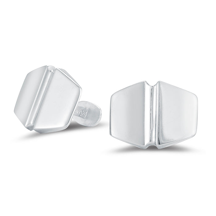 Polished sterling silver cufflinks with sculptural faceted form and center ridge detail