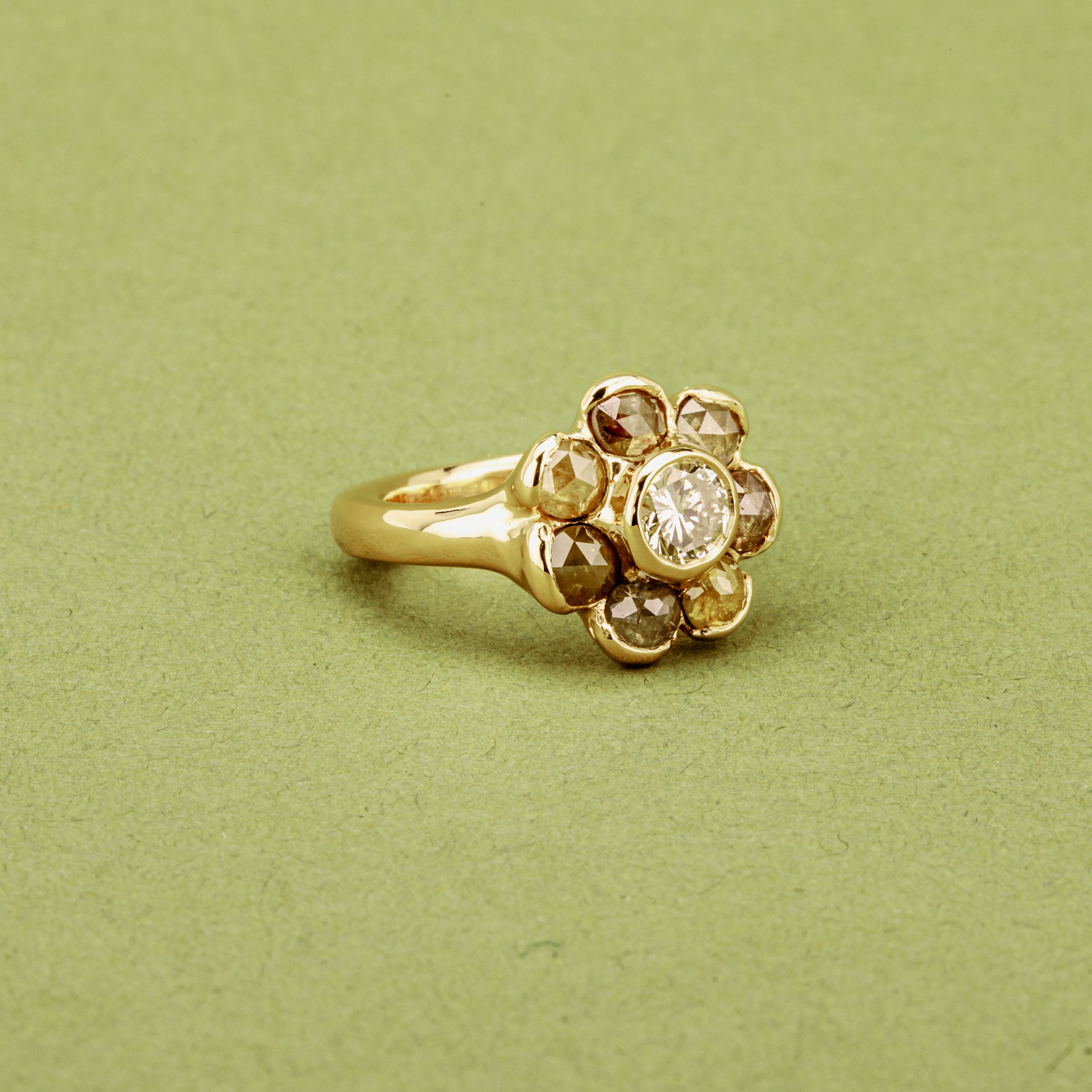 Rose cut diamond cluster ring in 14k yellow gold