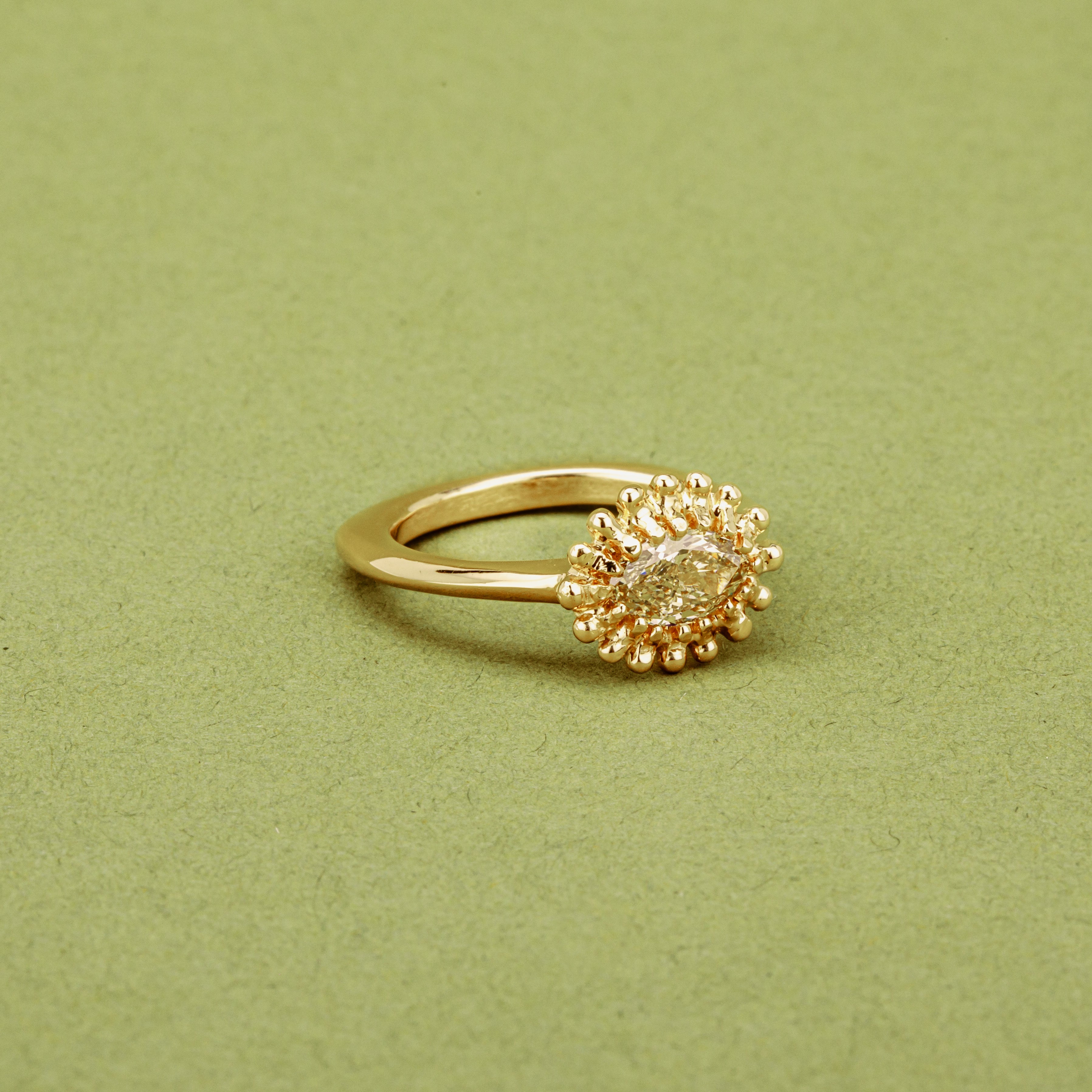 One of a kind champagne diamond ring with sunburst halo in 14K yellow gold
