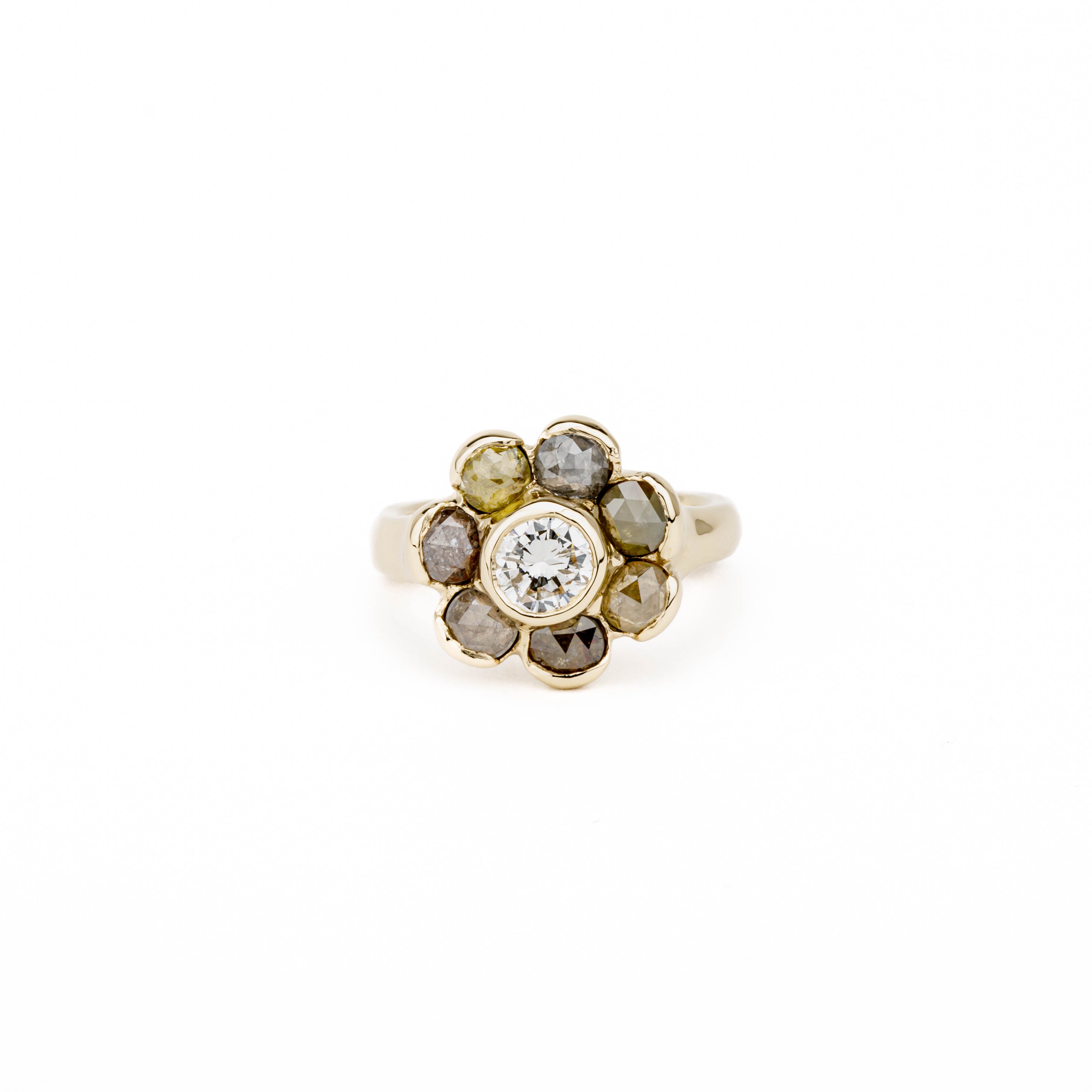 Rose cut diamond cluster ring in 14k yellow gold