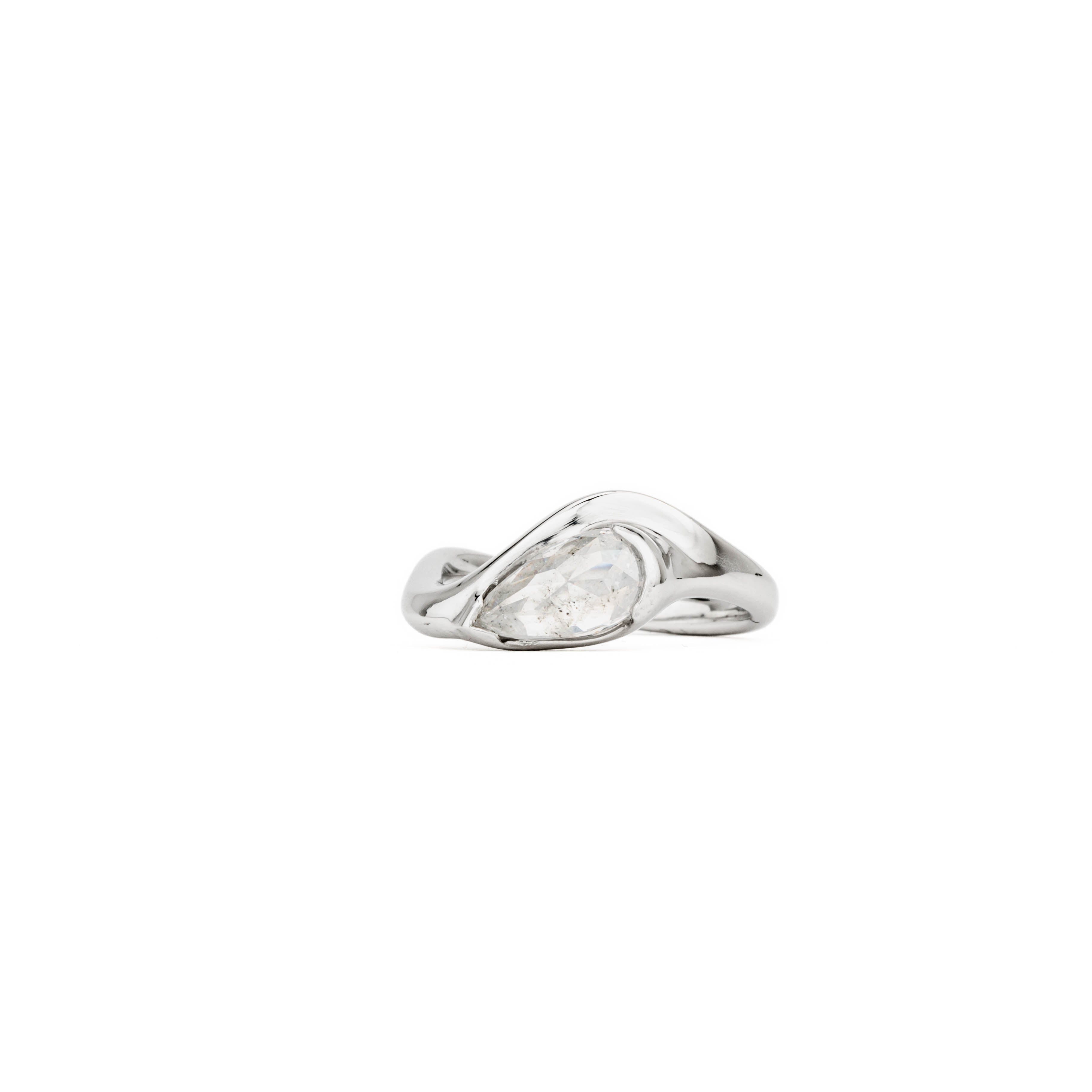 Platinum ring with half-wrap set pear rose-cut diamond — custom fine jewelry by deJonghe, Saratoga Springs NY.
