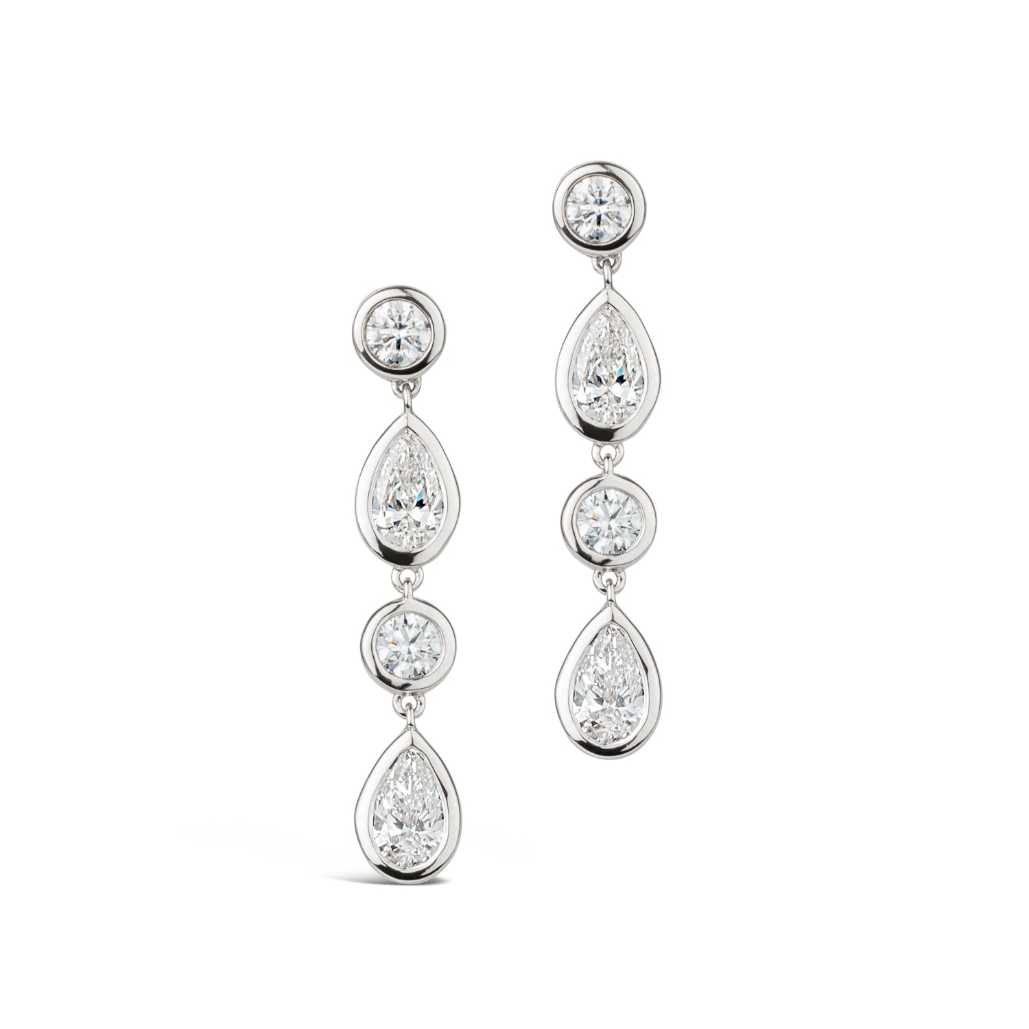 18k white gold diamond drop earrings with alternating round and pear-cut diamonds, bezel-set, 2.24ct total