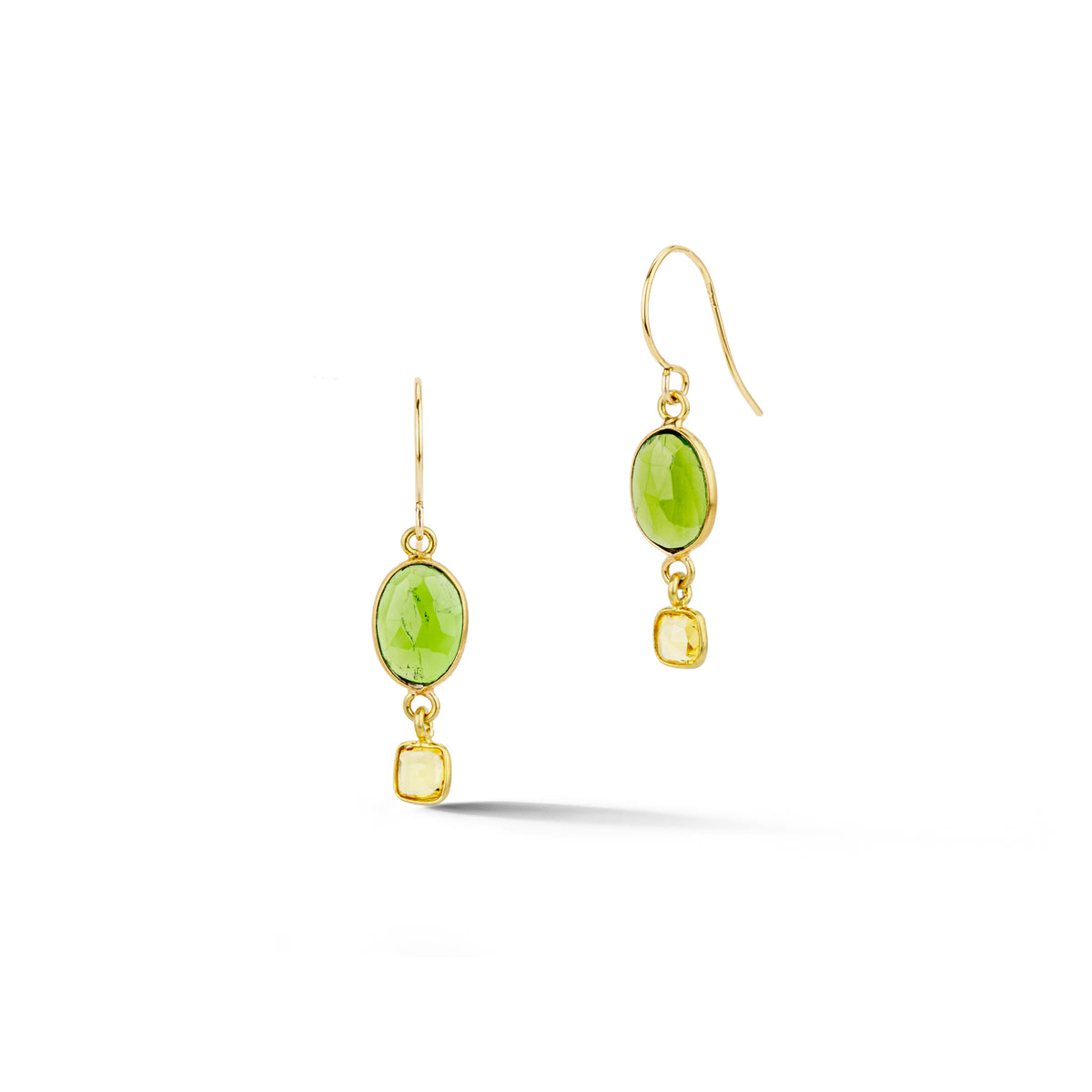 Pair of drop earrings with oval green chrome diopside stones and cushion-cut yellow sapphire accents, bezel set in 18k yellow gold with 14k yellow gold ear wires