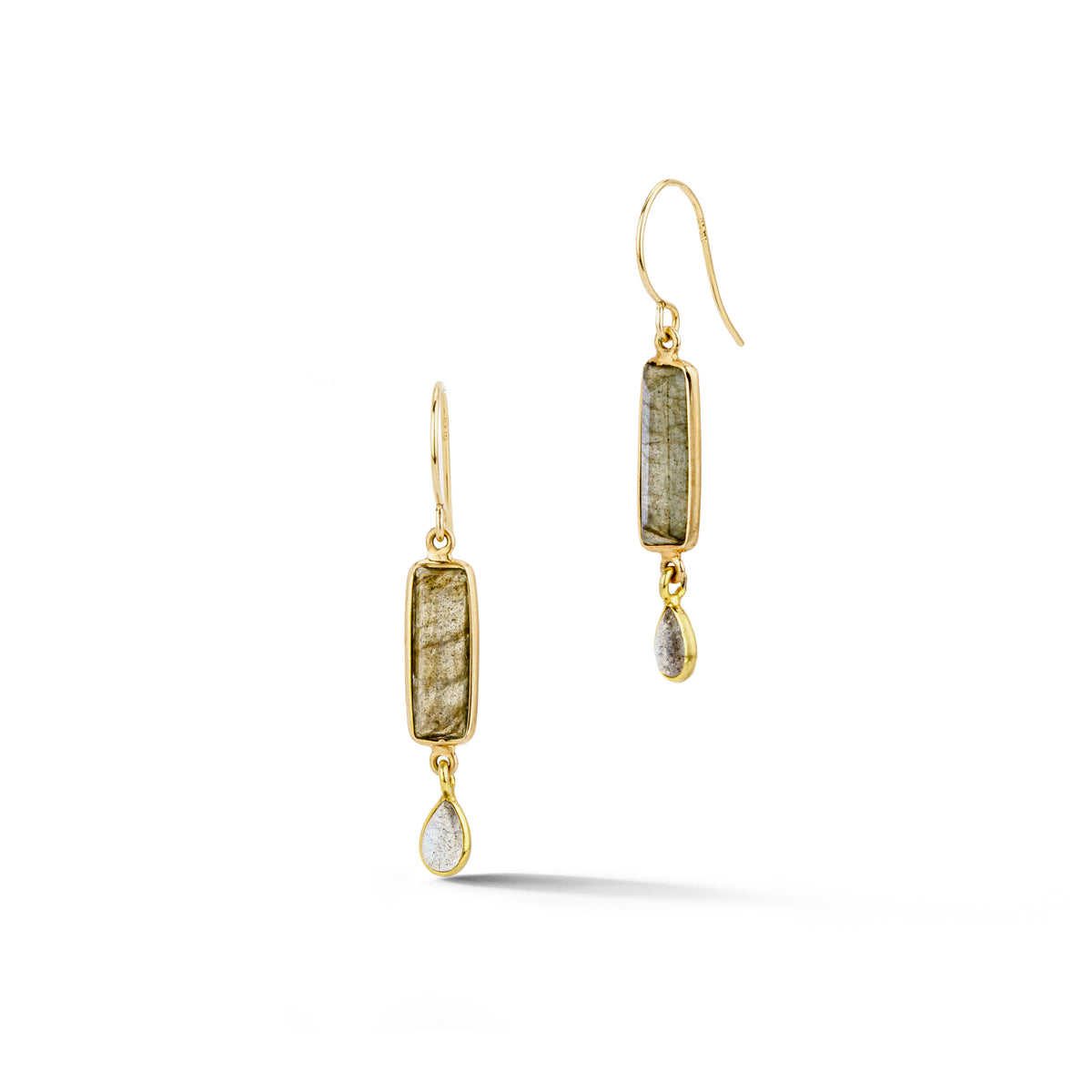 Pair of drop earrings with rectangular labradorite stones and teardrop labradorite accents, bezel set in 18k yellow gold with 14k yellow gold ear wires