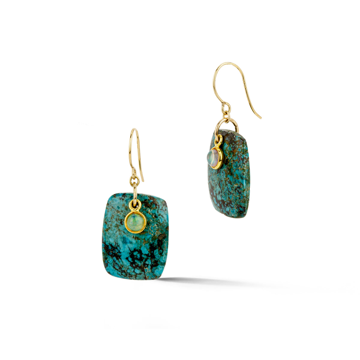 Pair of drop earrings with rectangular Tibetan turquoise stones, bezel-set opals in 18k yellow gold, and 14k yellow gold ear wires