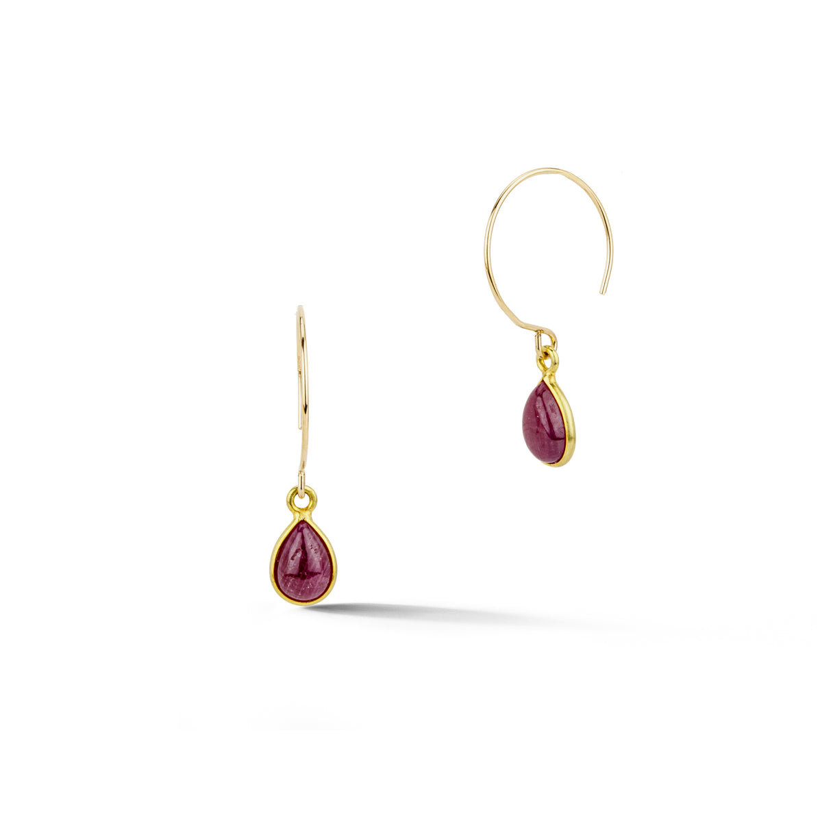 Pair of drop earrings with pear-shaped cabochon rubies, bezel set in 18k yellow gold with open 14k yellow gold ear wires