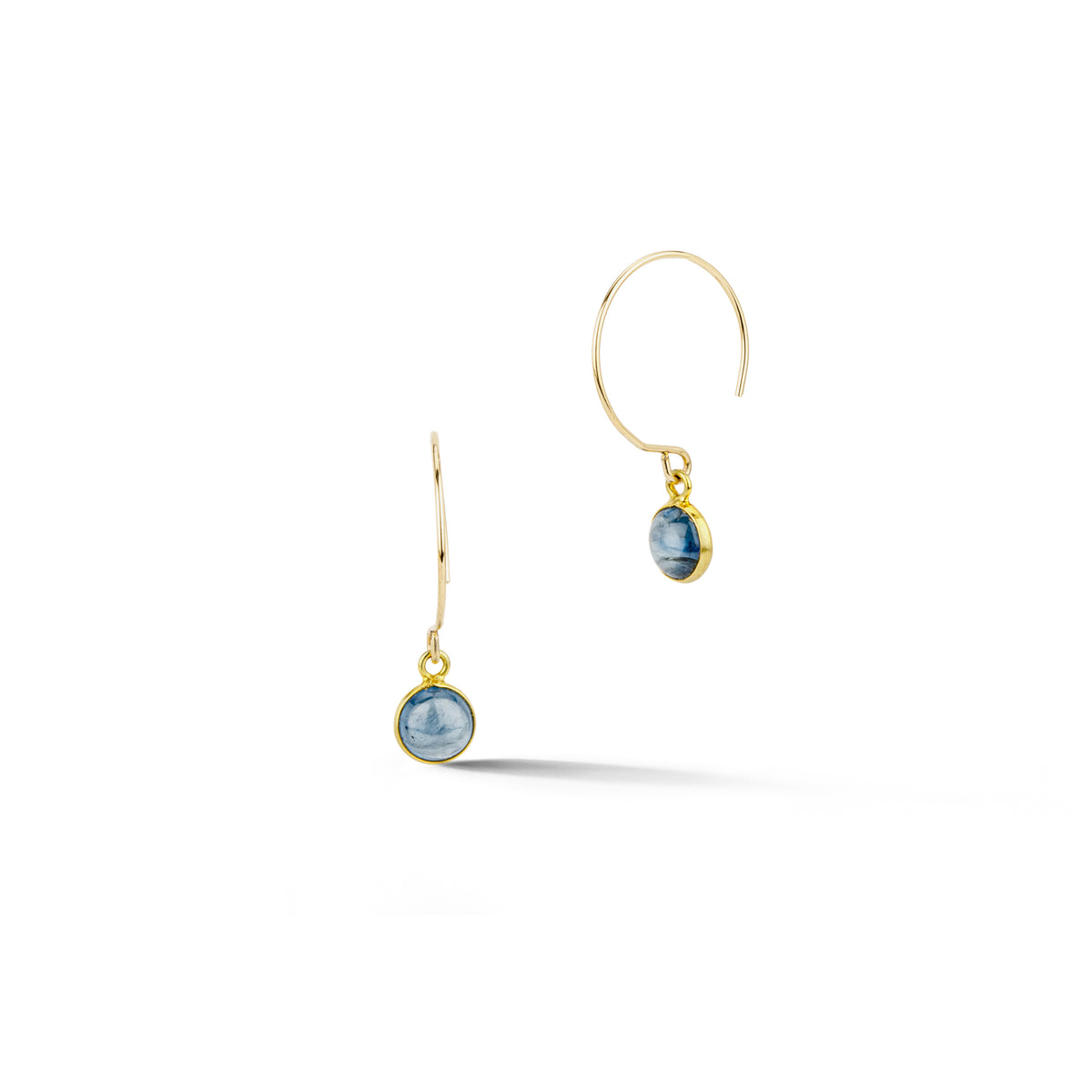 Pair of drop earrings with round blue sapphire cabochons, bezel set in 18k yellow gold with open 14k yellow gold ear wires