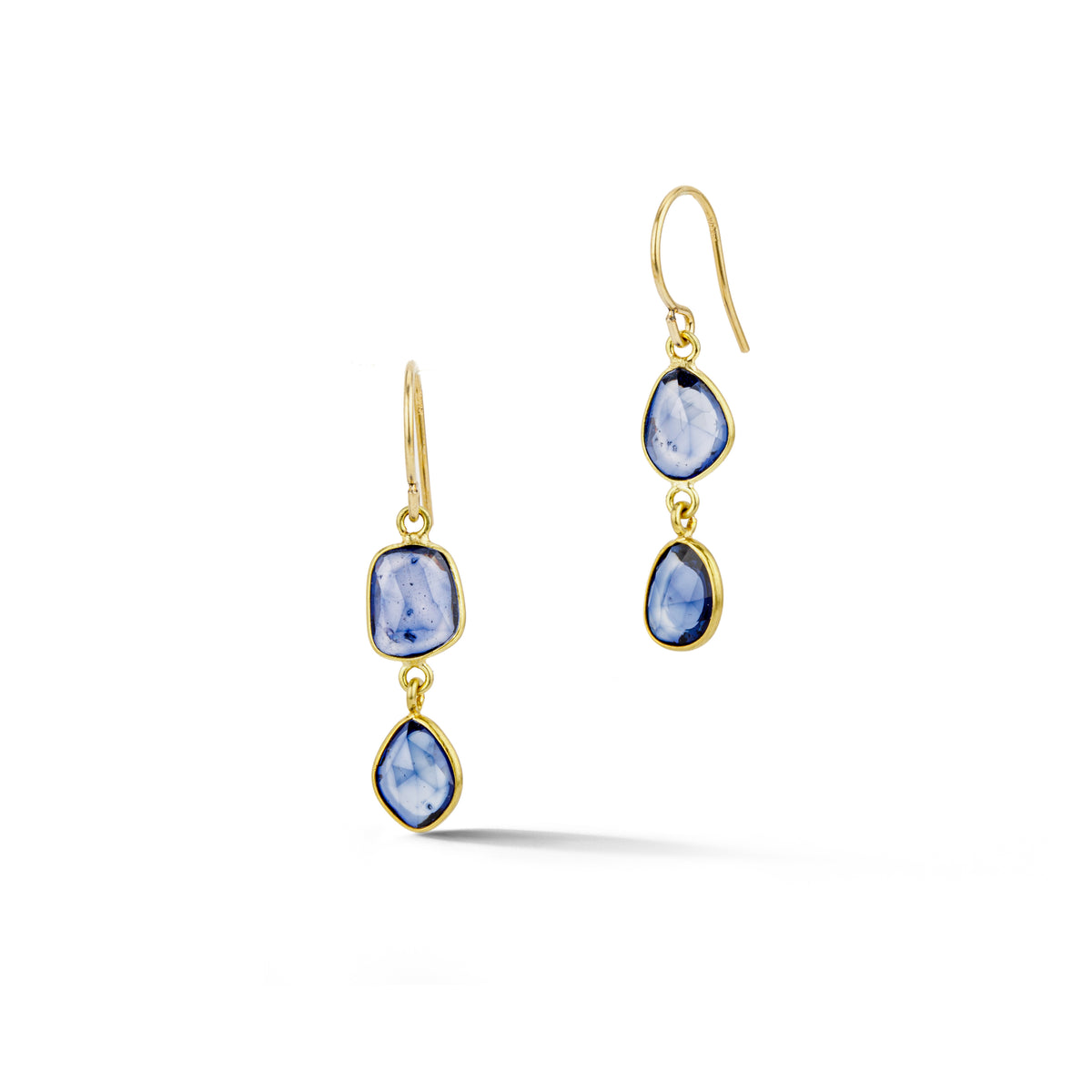 Pair of drop earrings with two stacked blue sapphires, bezel set in 18k yellow gold with 14k yellow gold ear wires