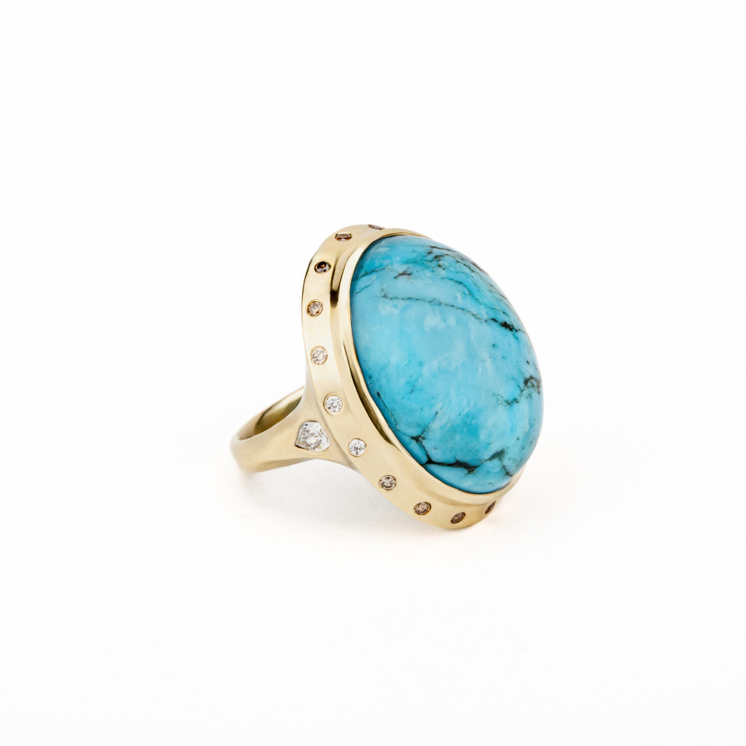One of a kind turquoise and diamond ring in 14k yellow gold