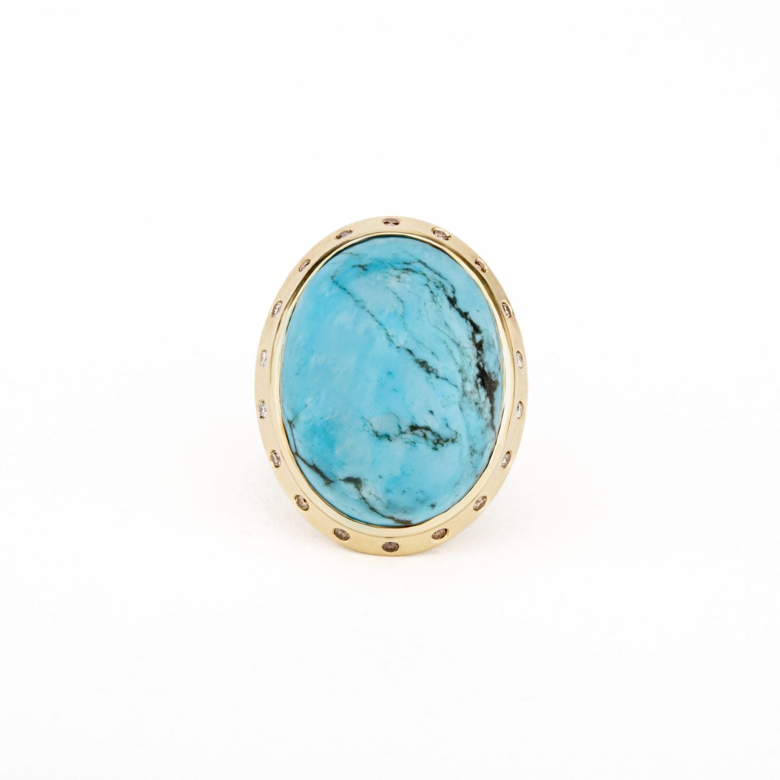 One of a kind turquoise and diamond ring in 14k yellow gold