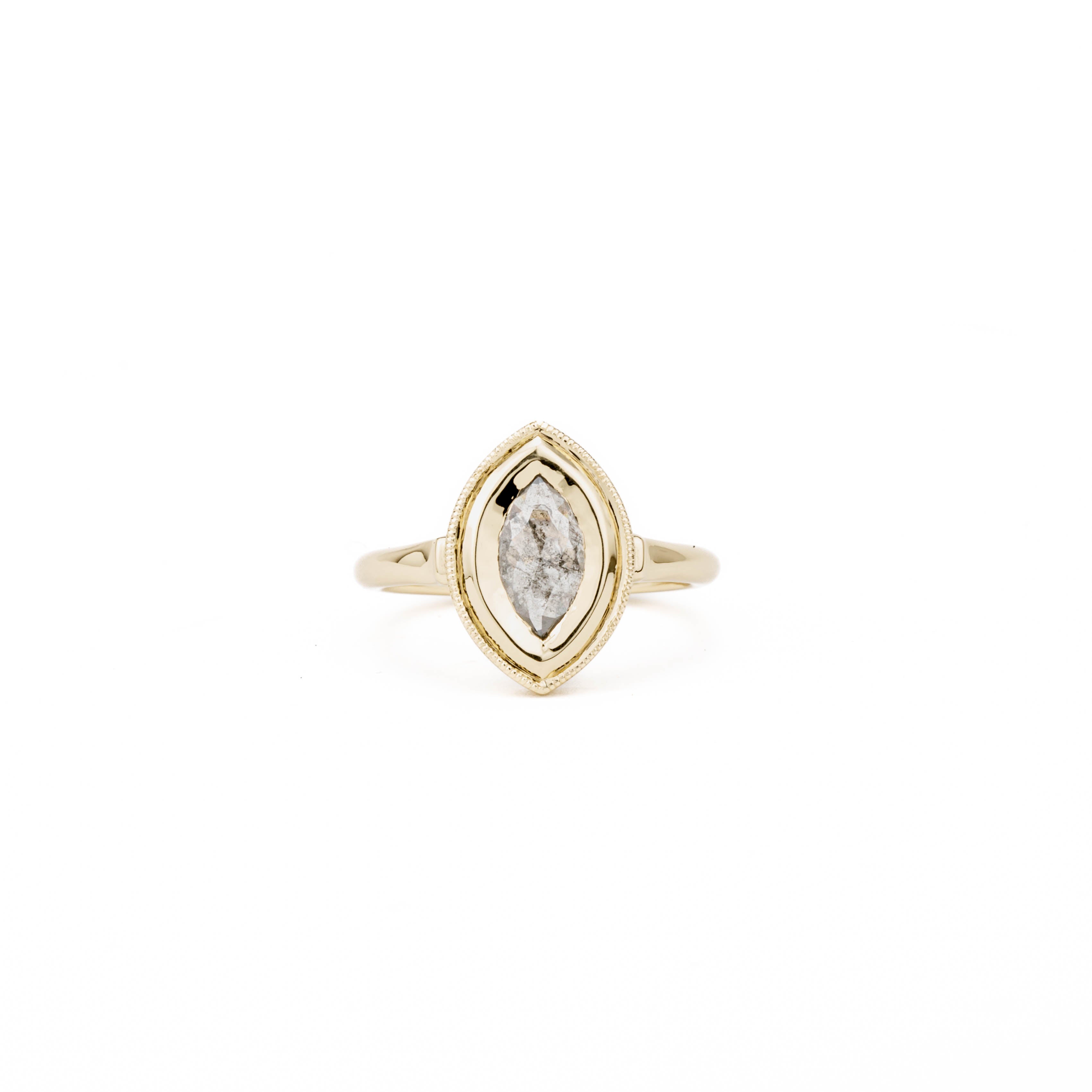 Marquise champagne diamond ring in 14k yellow gold with milgrain detail and rosecut center stone
