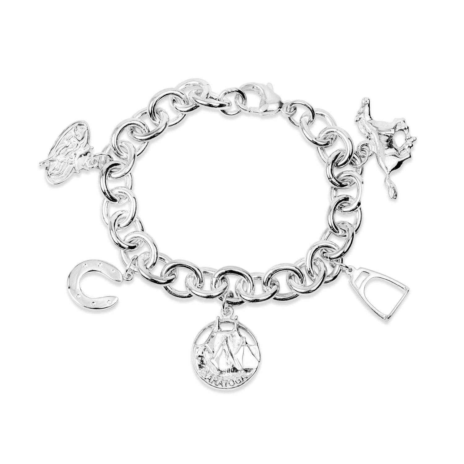 Equestrian charm bracelet in sterling silver featuring: large running horse, small stirrup, racetrack steeples, horseshoe, steeple chase