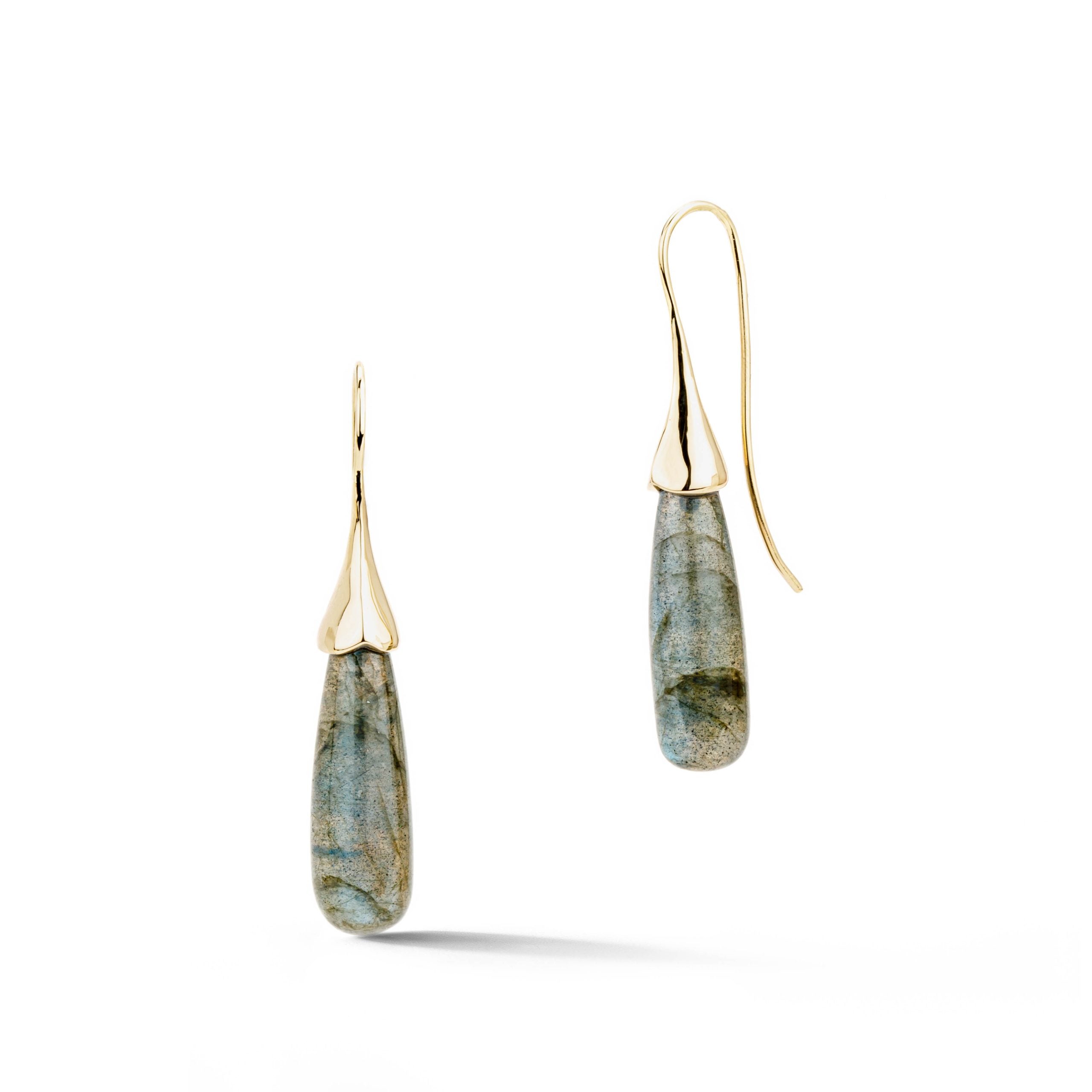 14k yellow gold earrings with teardrop labradorite stones featuring hand carved gold caps and french wire backs