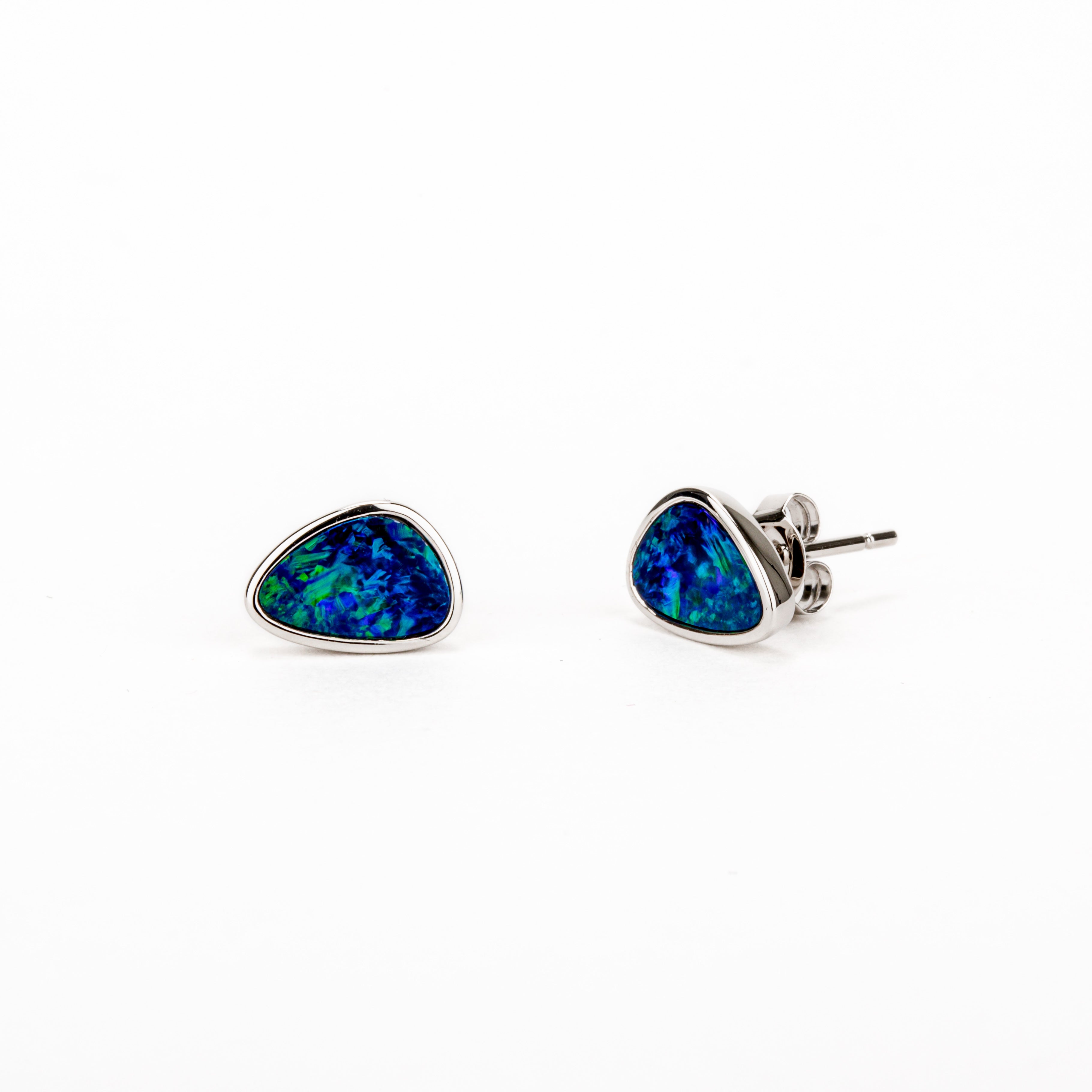  14k white gold bezel-set freeform opal doublet stud earrings