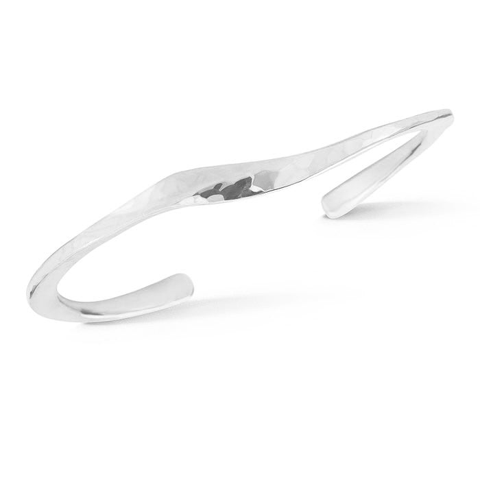 14k white gold hand-forged curved cuff bracelet with hammered texture, The Excelsior