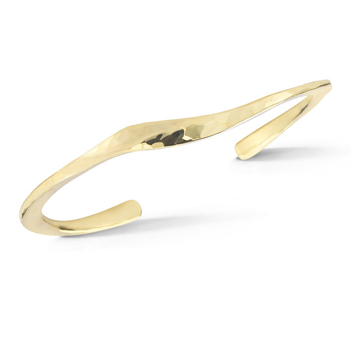 14k yellow gold hand-forged curved cuff bracelet with hammered texture, The Excelsior