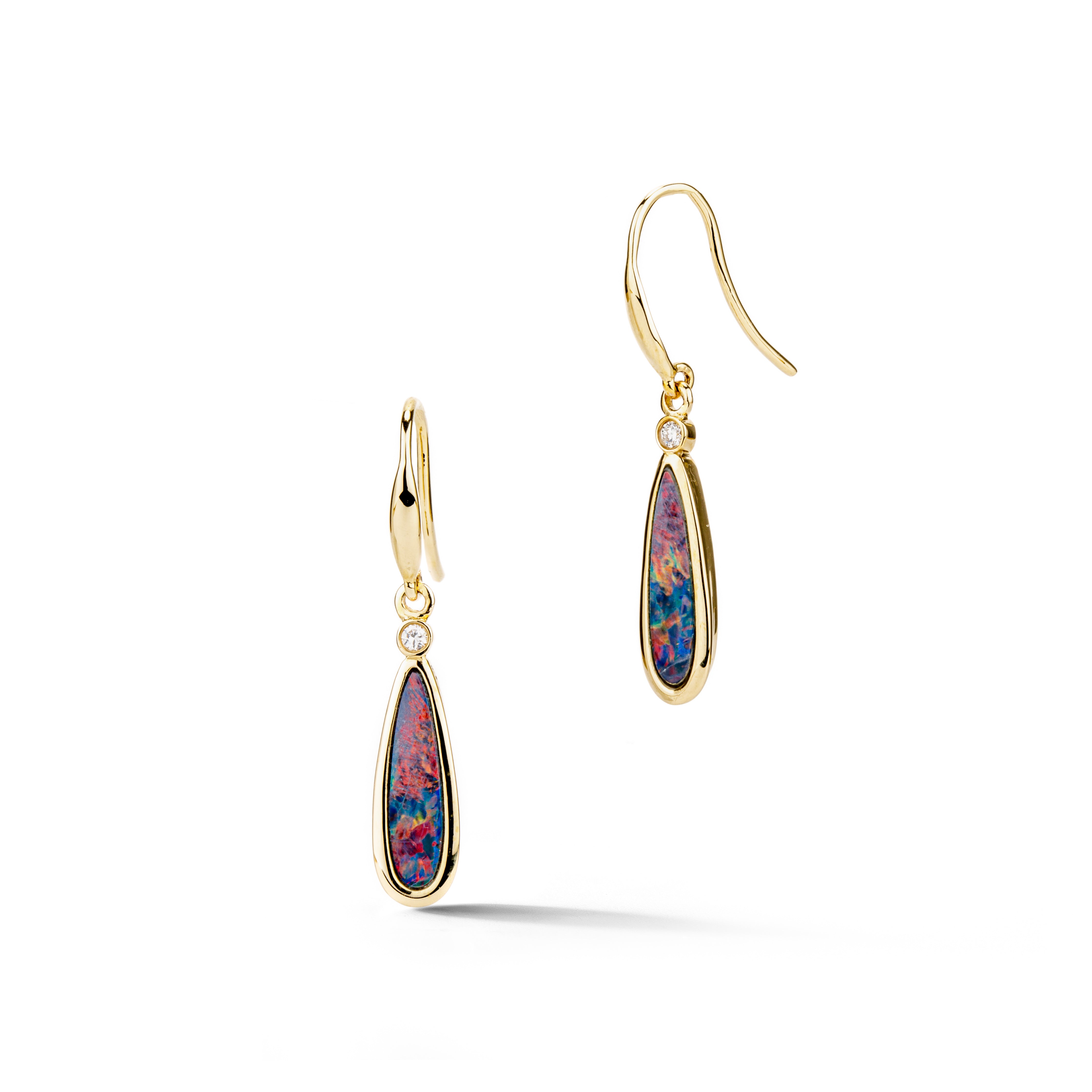 14k yellow gold drop earrings featuring bezel-set opal doublets with diamond accents on french wire