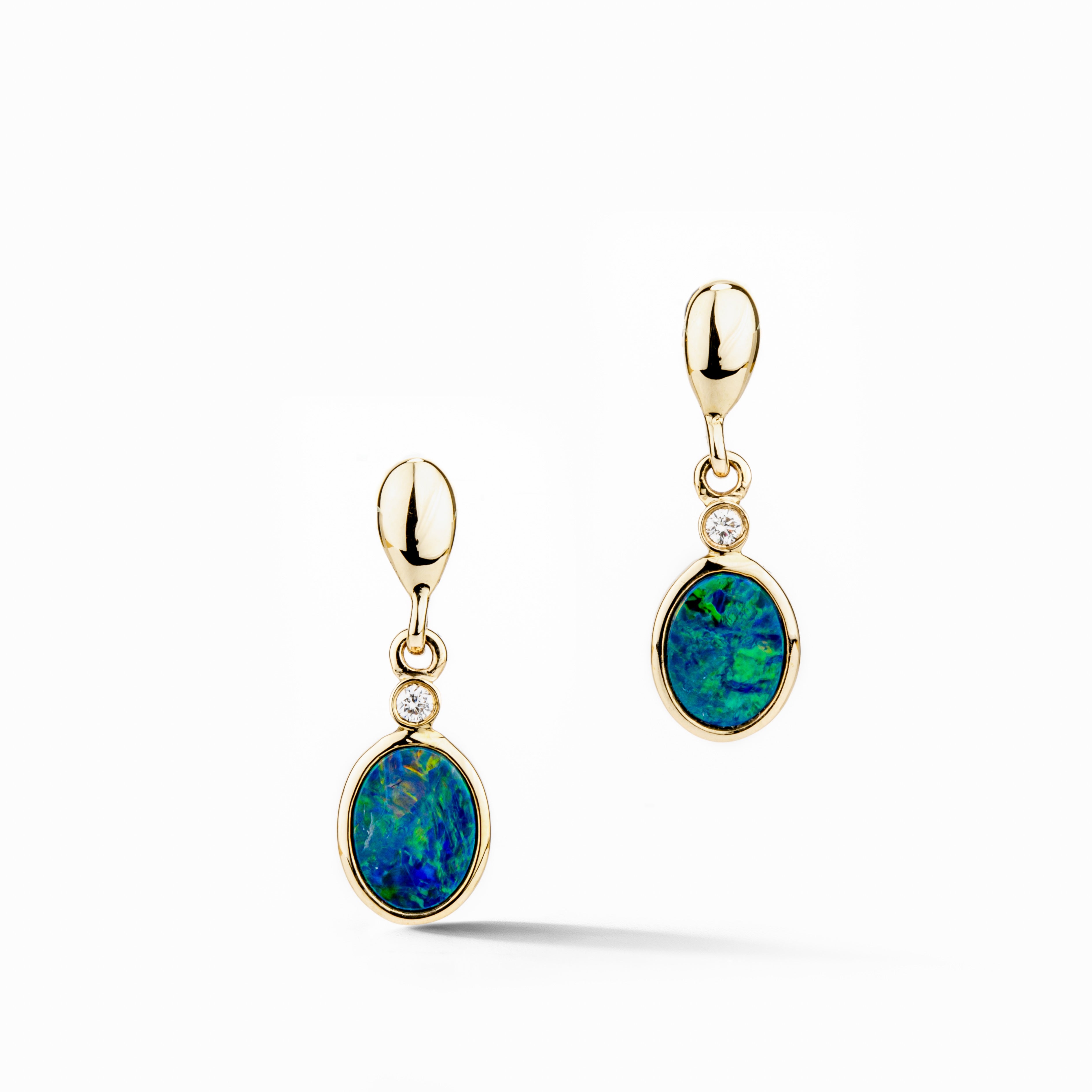  14k yellow gold oval opal doublet drop earrings with bezel-set diamond connectors and polished tops