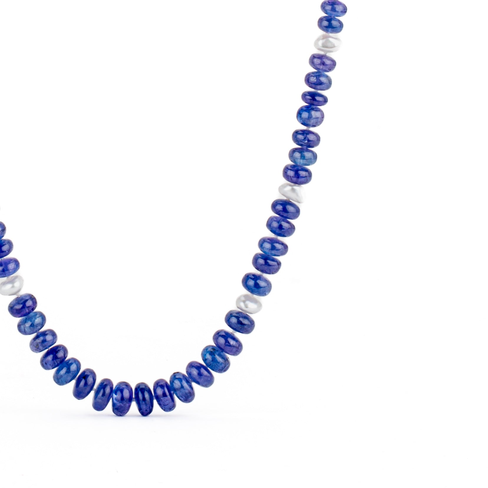 Tanzanite beaded necklace with white freshwater keshi pearl accents and a 14k white gold S-clasp, 22 inches