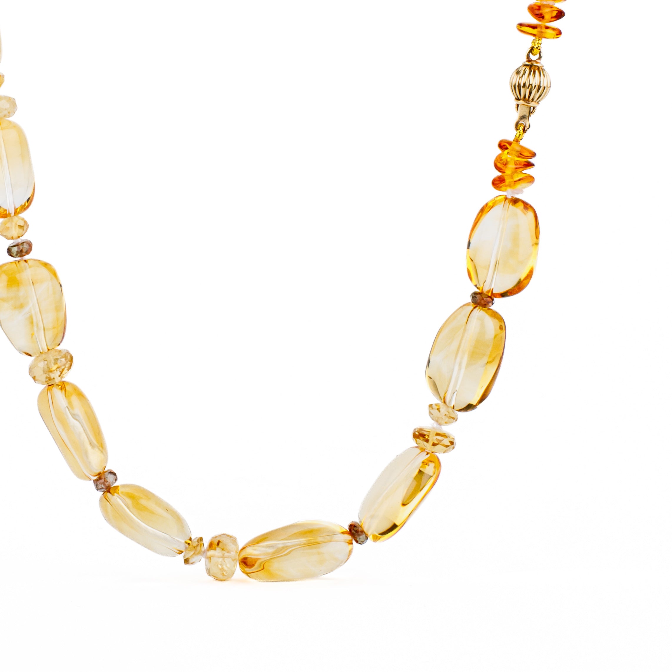 Citrine nugget necklace with andalusite rondel accents and a 14k yellow gold ball clasp, 18 inches