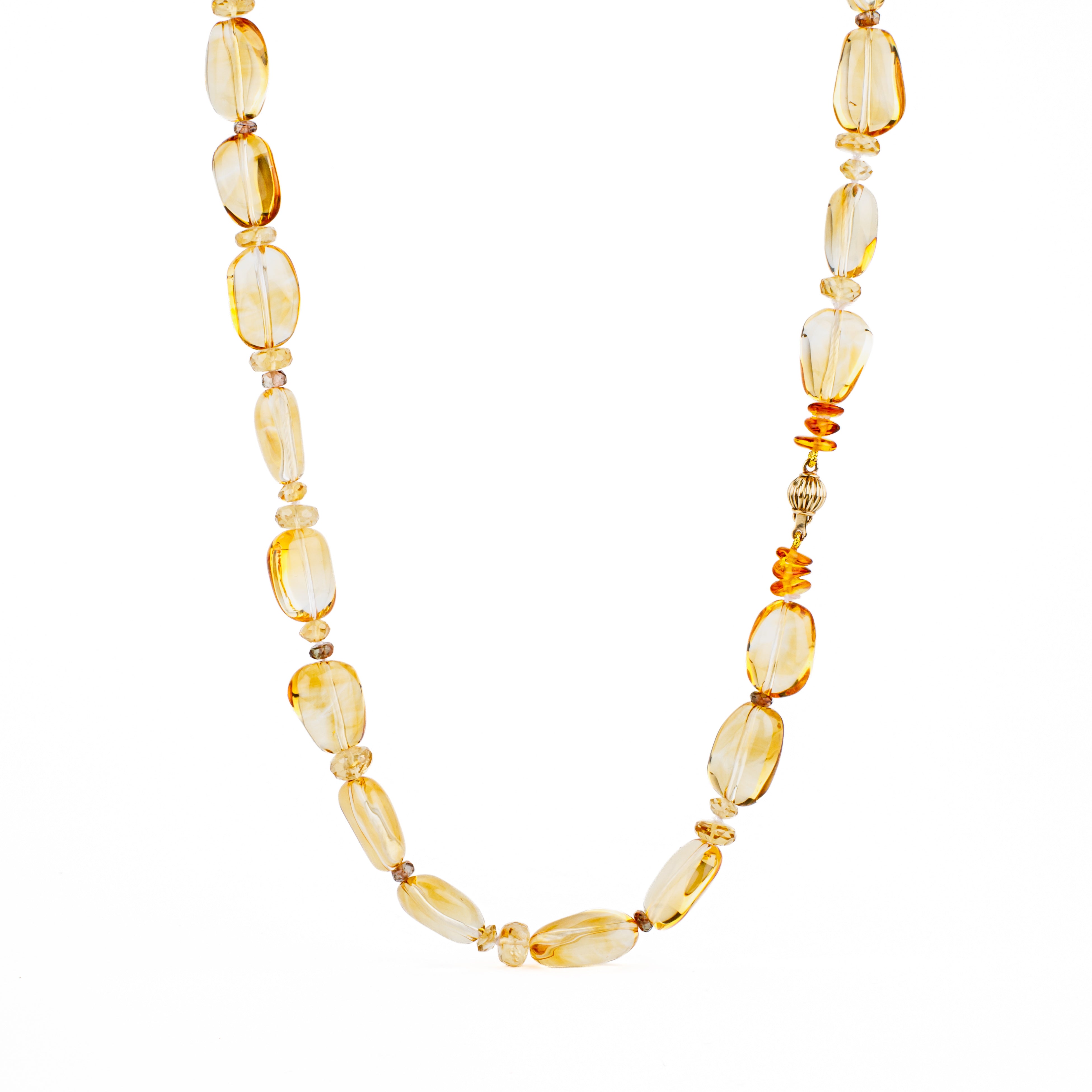 Citrine nugget necklace with andalusite rondel accents and a 14k yellow gold ball clasp, 18 inches