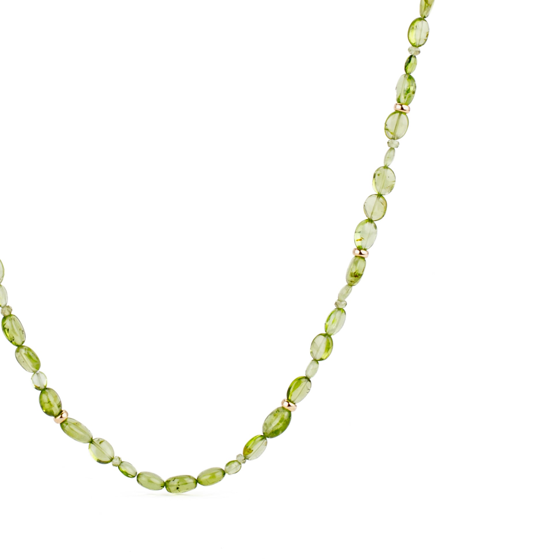 Smooth oval peridot necklace with 14k yellow gold rondel accents and ball clasp, 19 inches