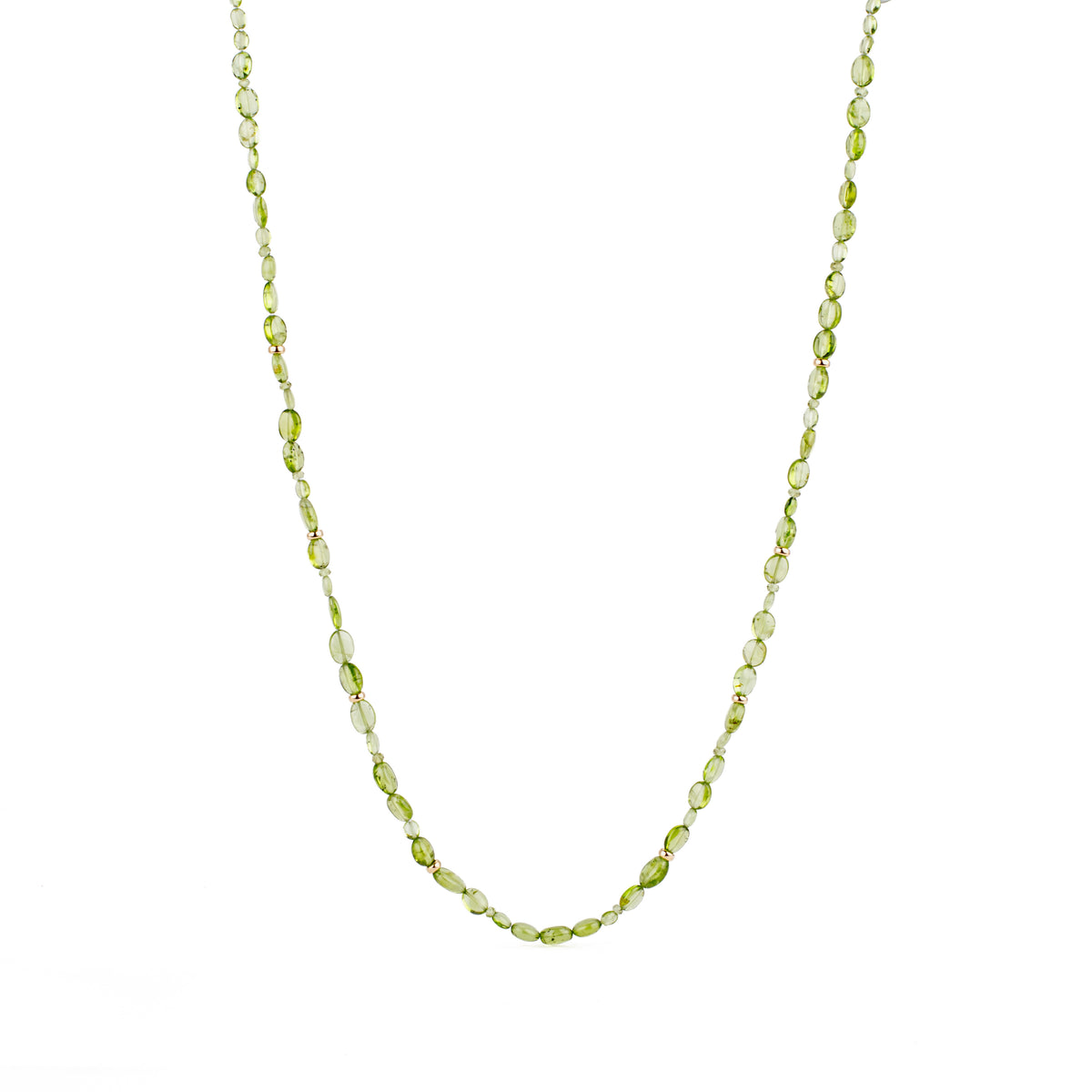 Smooth oval peridot necklace with 14k yellow gold rondel accents and ball clasp, 19 inches