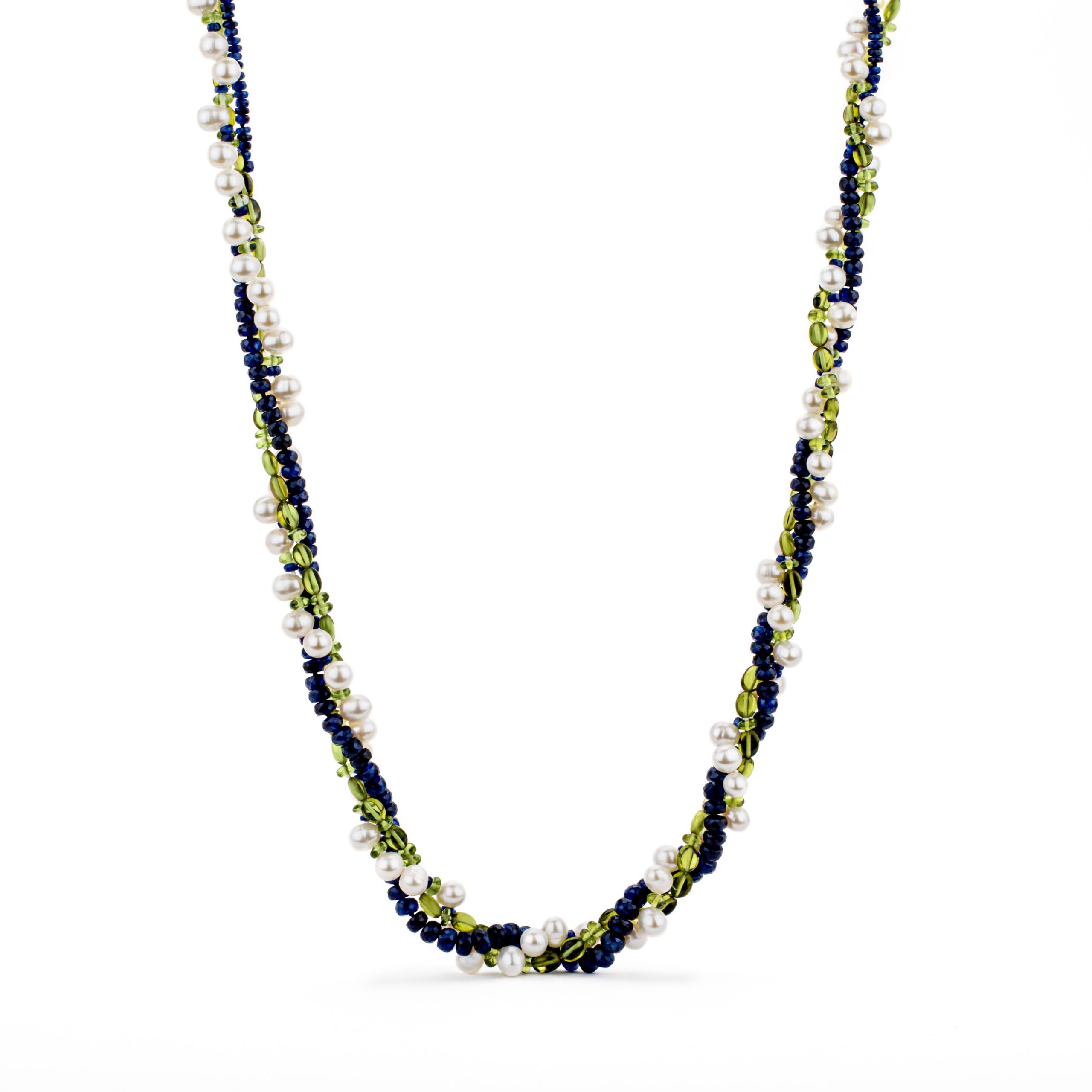  Triple strand sapphire pearl and peridot necklace with 14k gold clasp