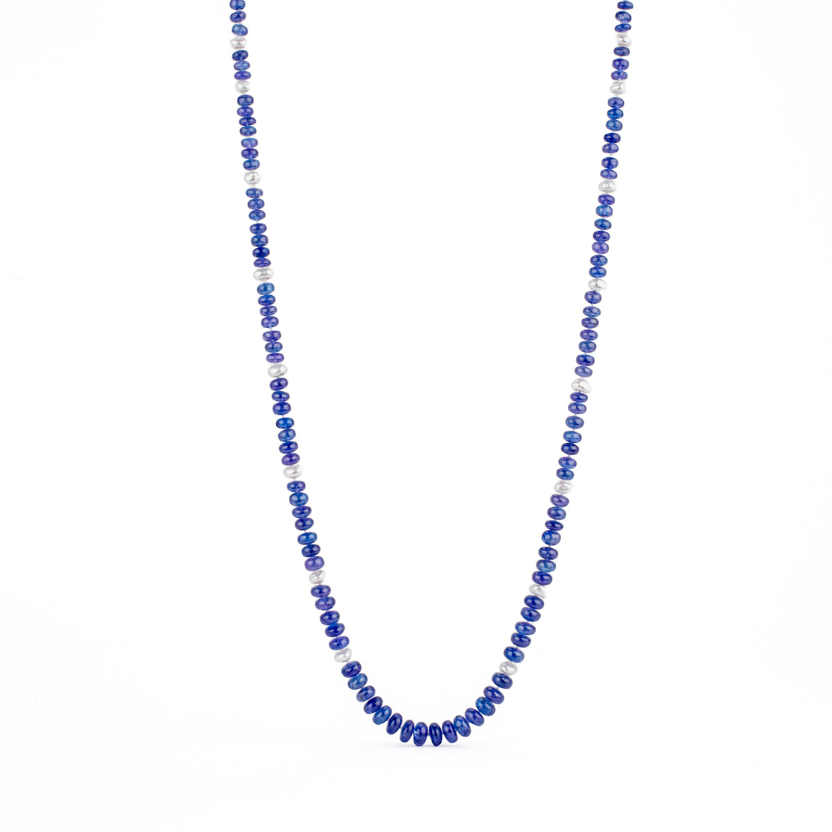 Tanzanite beaded necklace with white freshwater keshi pearl accents and a 14k white gold S-clasp, 22 inches