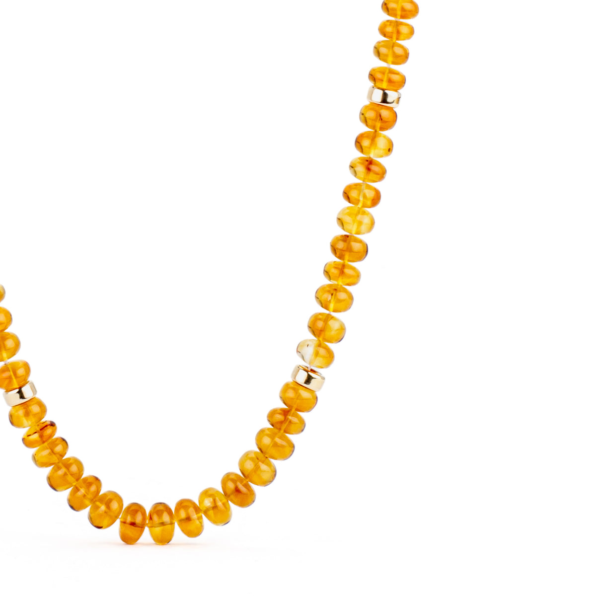 Graduated citrine beaded necklace with 14k yellow gold rondels, 21.5 inches