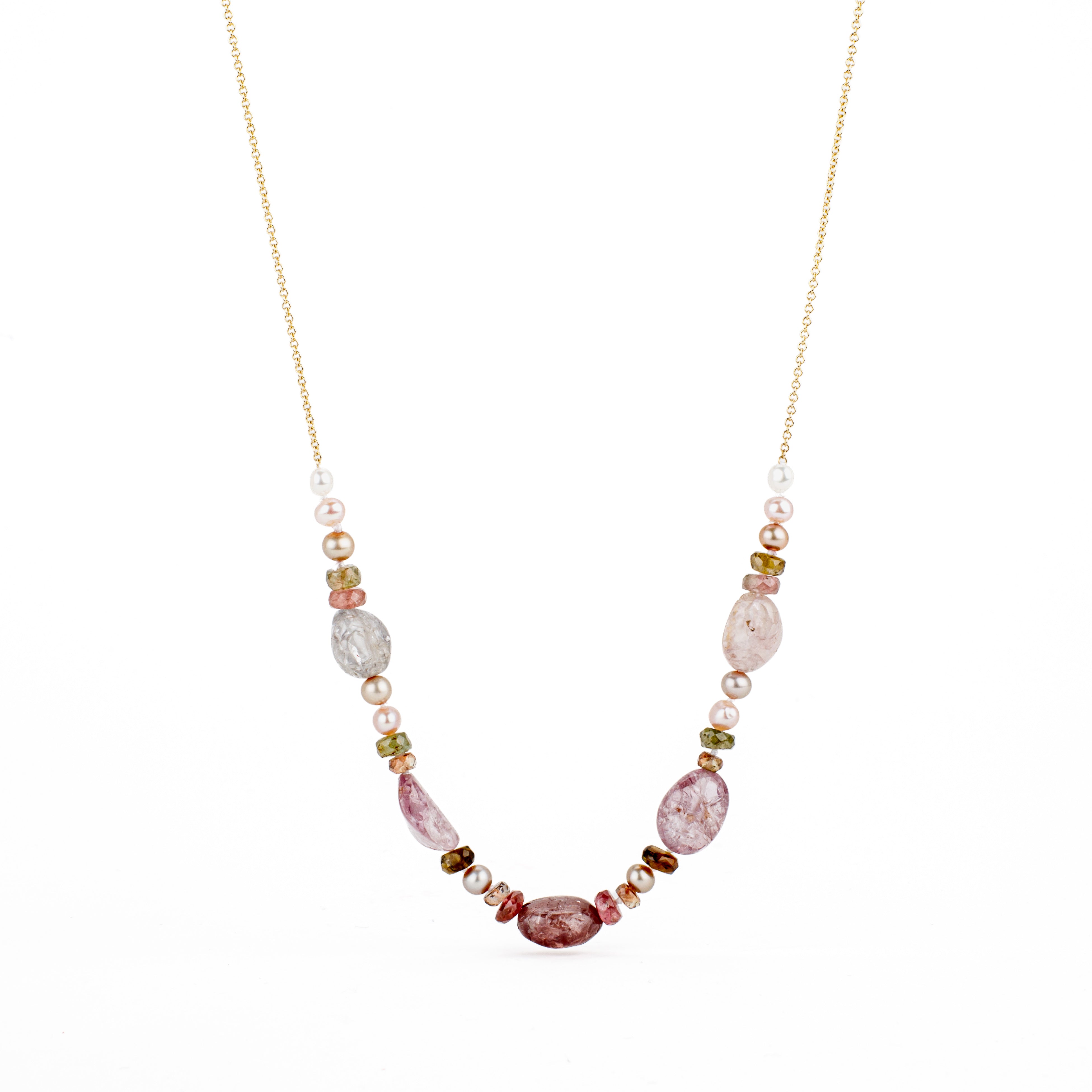 Spinel and multi-gemstone necklace with freshwater pearls, tourmaline, and andalusite on a 14k yellow gold chain, 17 inches