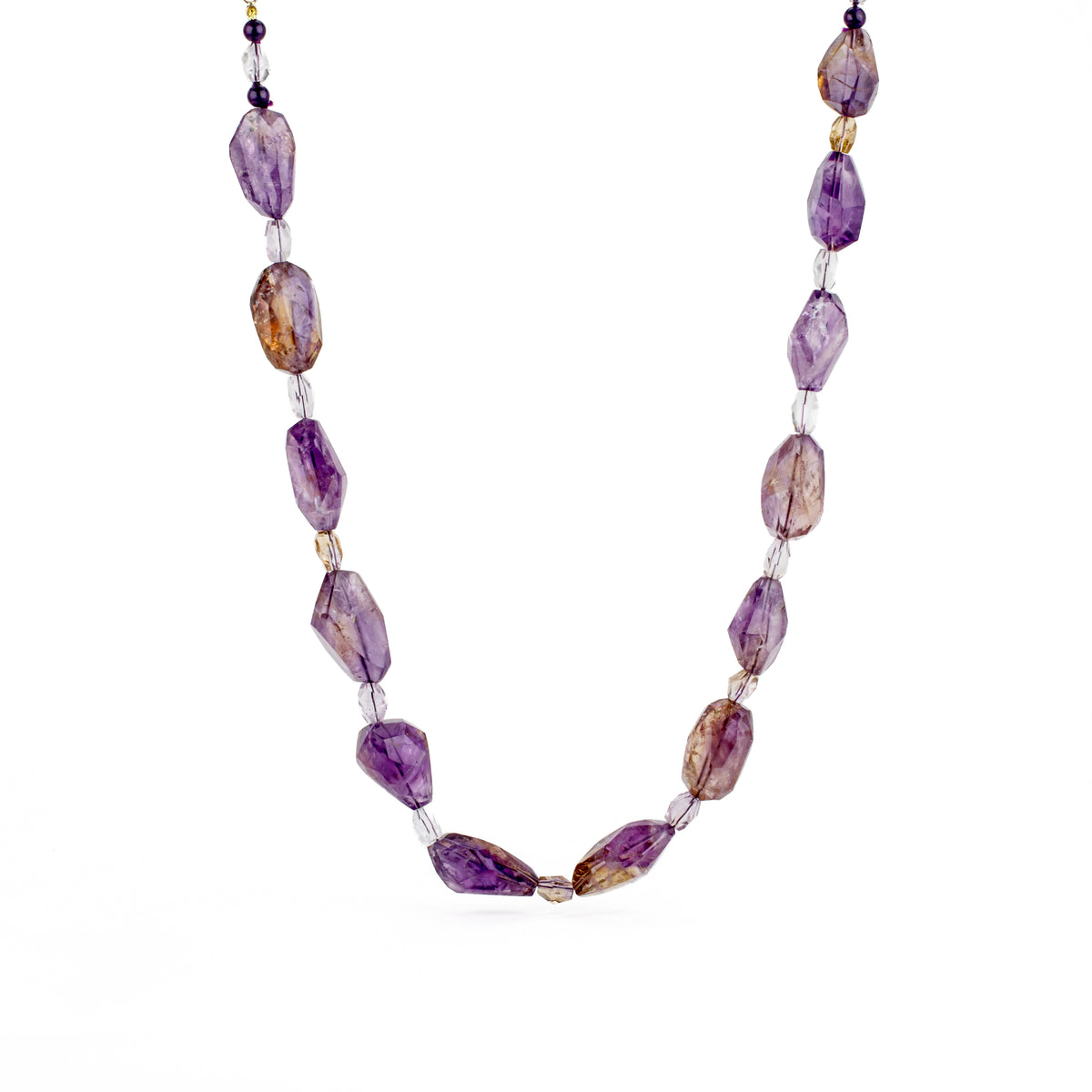 Ametrine nugget necklace with faceted ametrine beads on a hand forged 14k yellow gold S-clasp, 22.5 inches