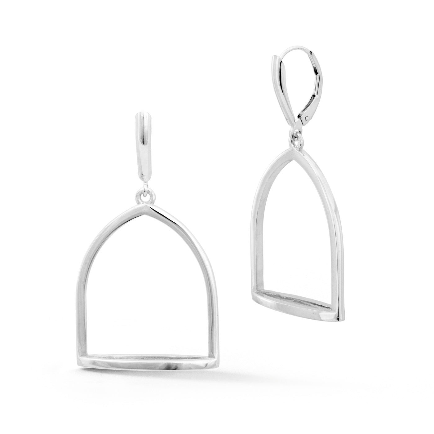 Large sterling silver open stirrup drop earrings with lever-back closures