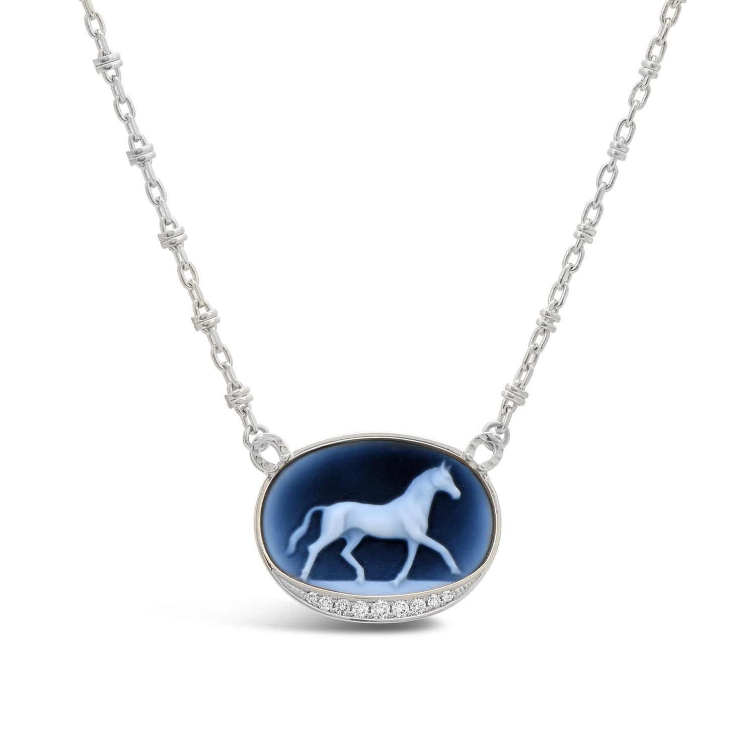 Hand carved horse cameo in 14k white gold accented with round brilliant diamonds 
