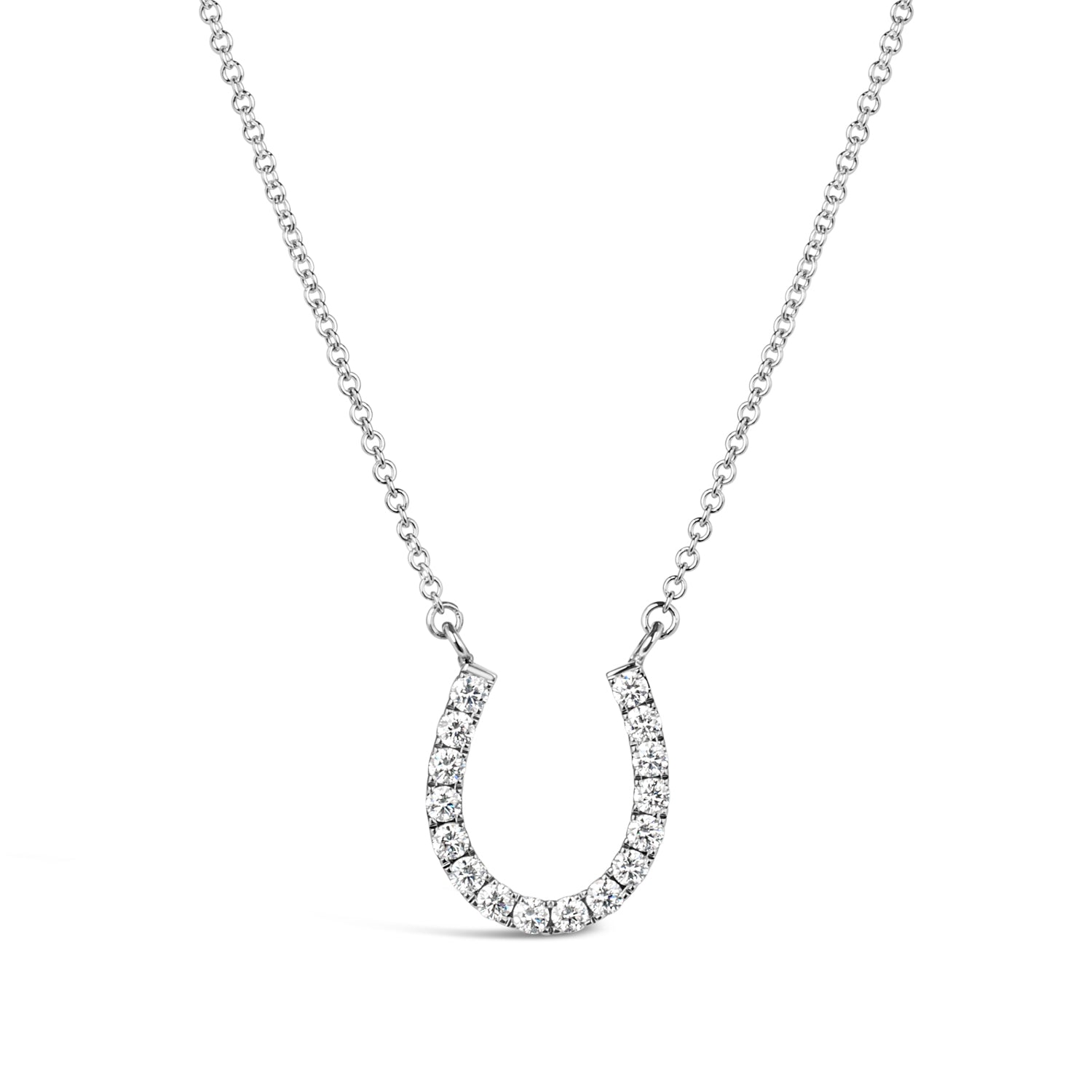 14k white gold diamond horseshoe pendant necklace with 16 castle-set round diamonds on a cable chain