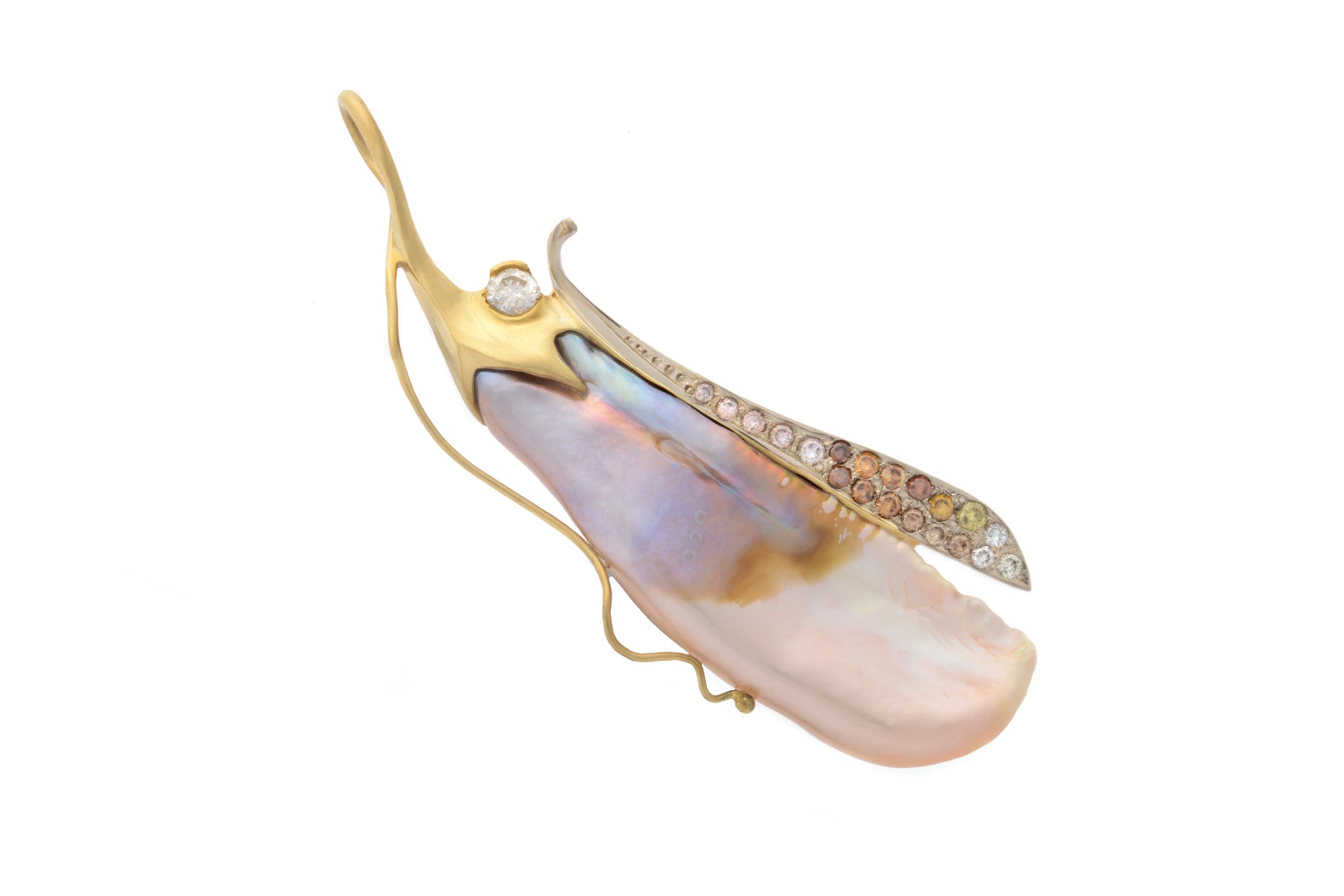 One-of-a-kind keshi pearl brooch in 18K yellow and 14K white gold with a pavé multi-color diamond spine and single round diamond accent