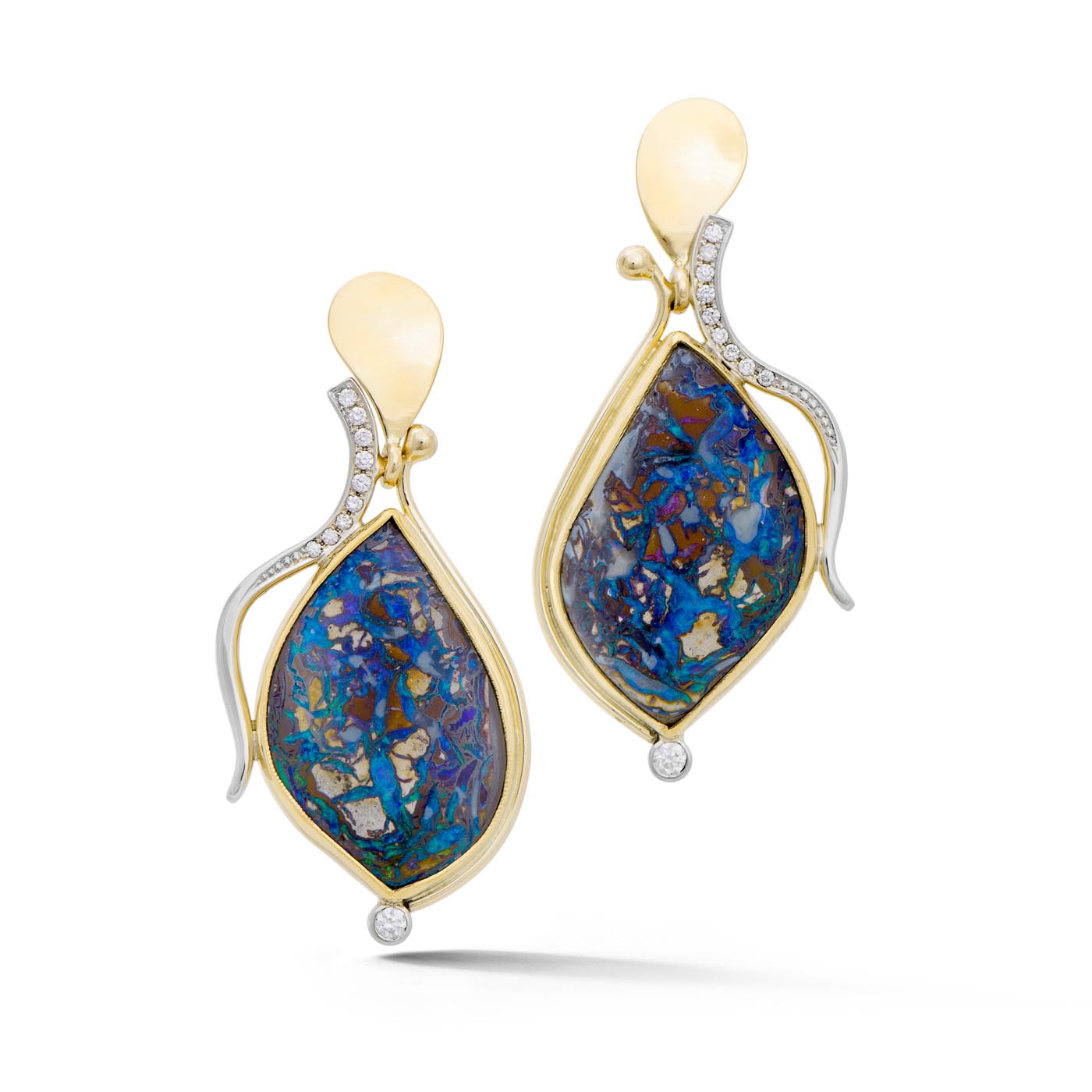 One-of-a-kind Australian boulder opal drop earrings in 22K yellow gold bezels with pavé diamond white gold tendrils and 14K yellow gold posts