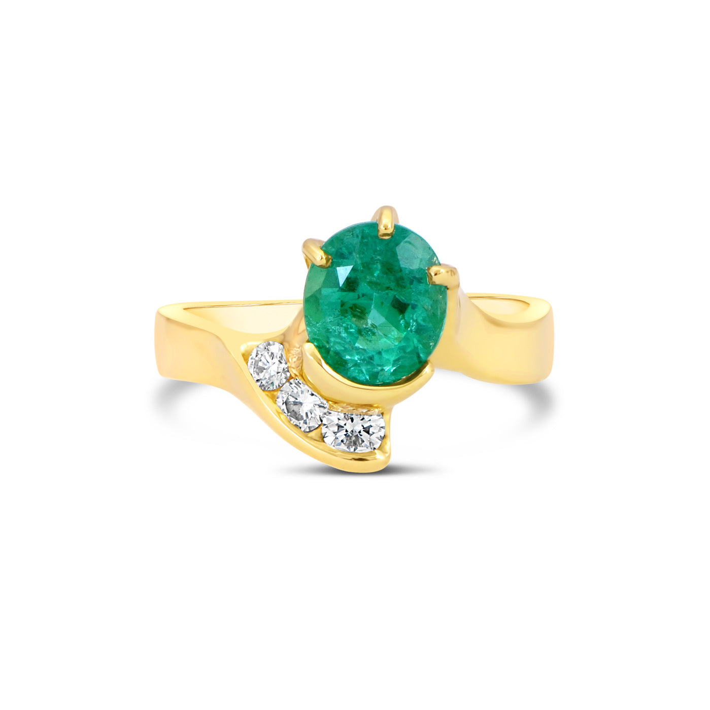  One-of-a-kind 14K yellow gold ring featuring a 1.80-carat oval emerald in a half-bezel and prong setting with three graduating round diamonds on an asymmetric bypass shank