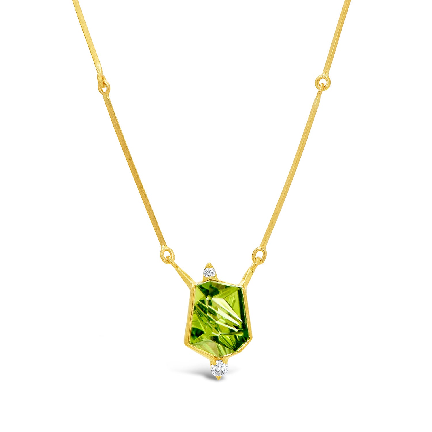 One-of-a-kind 18K yellow gold pendant featuring a Munsteiner fantasy-cut peridot with two round diamond accents on a handcrafted flat-link yellow gold chain