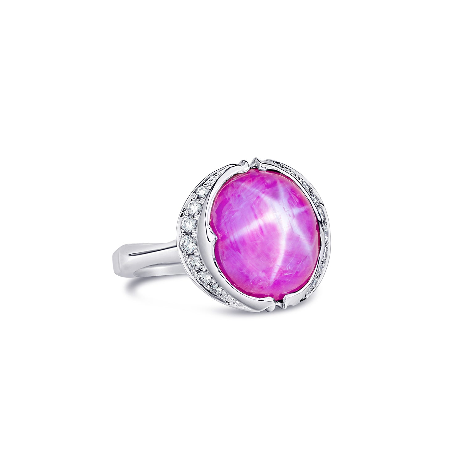 One-of-a-kind platinum ring featuring a 9.30-carat pink star sapphire cabochon with diamond accent