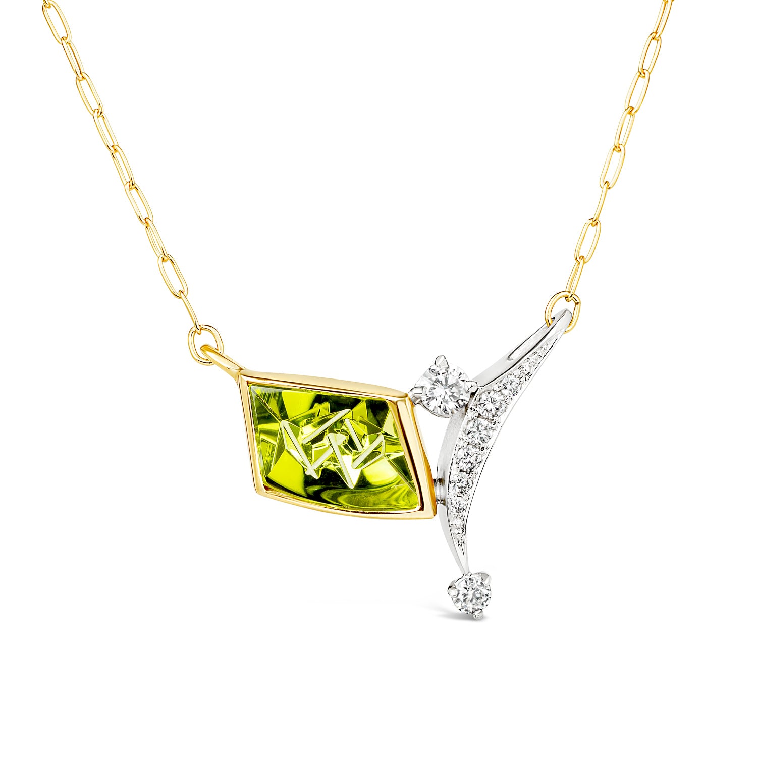 One-of-a-kind 18K yellow gold and platinum pendant featuring a Munsteiner-cut peridot with an asymmetric diamond-set platinum arc accent on a yellow gold paperclip chain