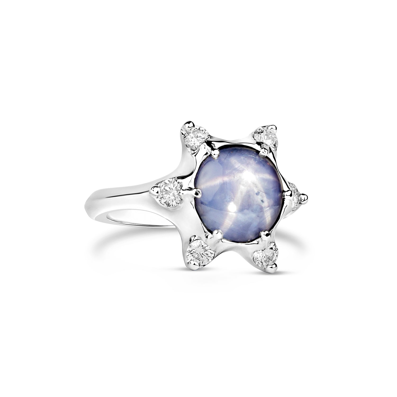 One-of-a-kind 14K white gold ring featuring a 2.67-carat lavender grey star sapphire cabochon with a six-diamond sculpted star halo