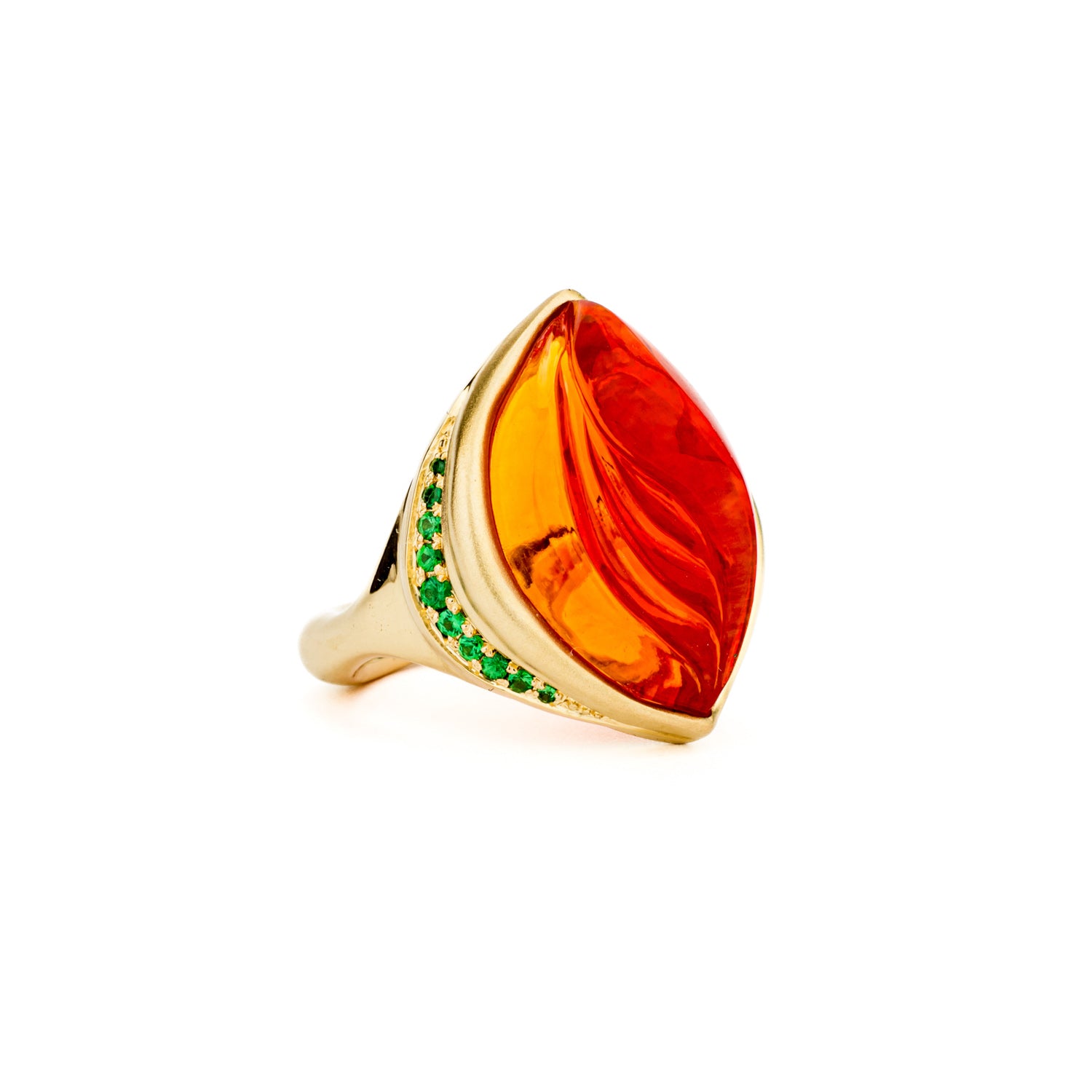 One-of-a-kind 18K yellow gold ring featuring a 12.15-carat fire opal with a pavé tsavorite garnet crescent accent
