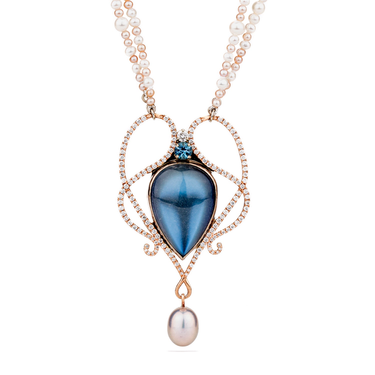 One of a kind 14k rose and white gold pendant featuring a 17.30ct pear blue moonstone cabochon, 1.28ct diamond frame, aquamarine, and freshwater pearl drop