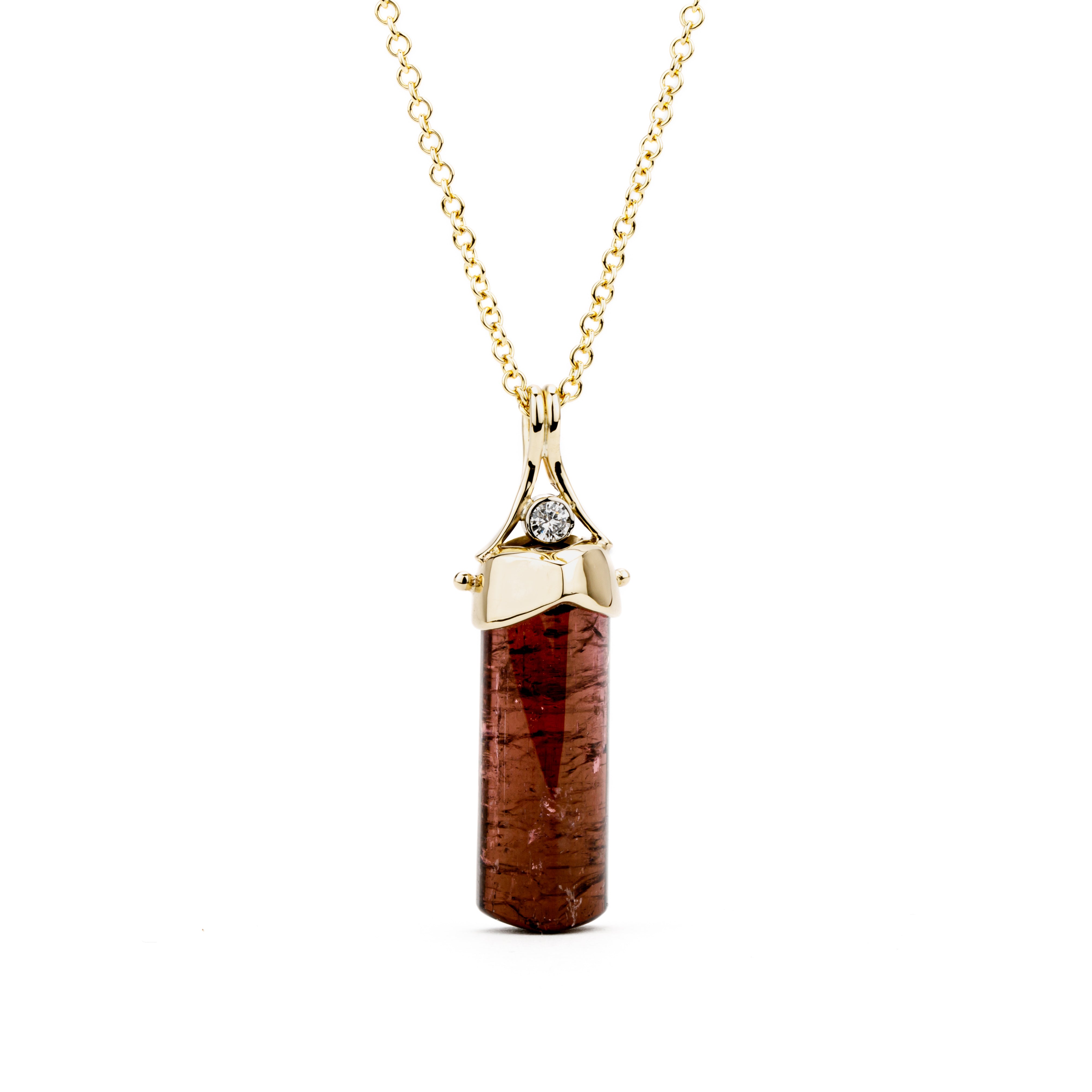 Natural tourmaline crystal pendant with diamond in 14k gold 