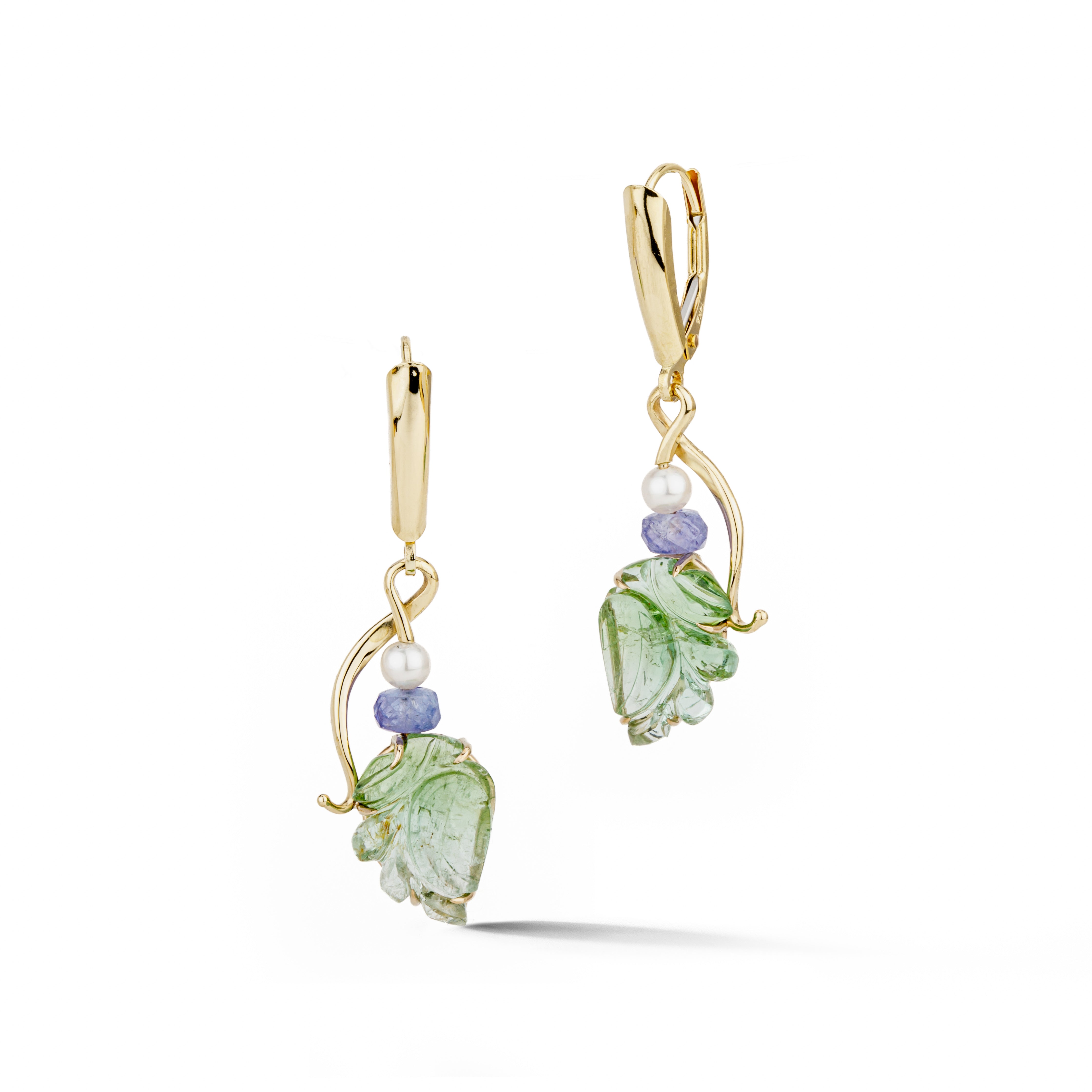 Carved green tourmaline leaf earrings with tanzanite and freshwater pearl accents in 14k yellow gold