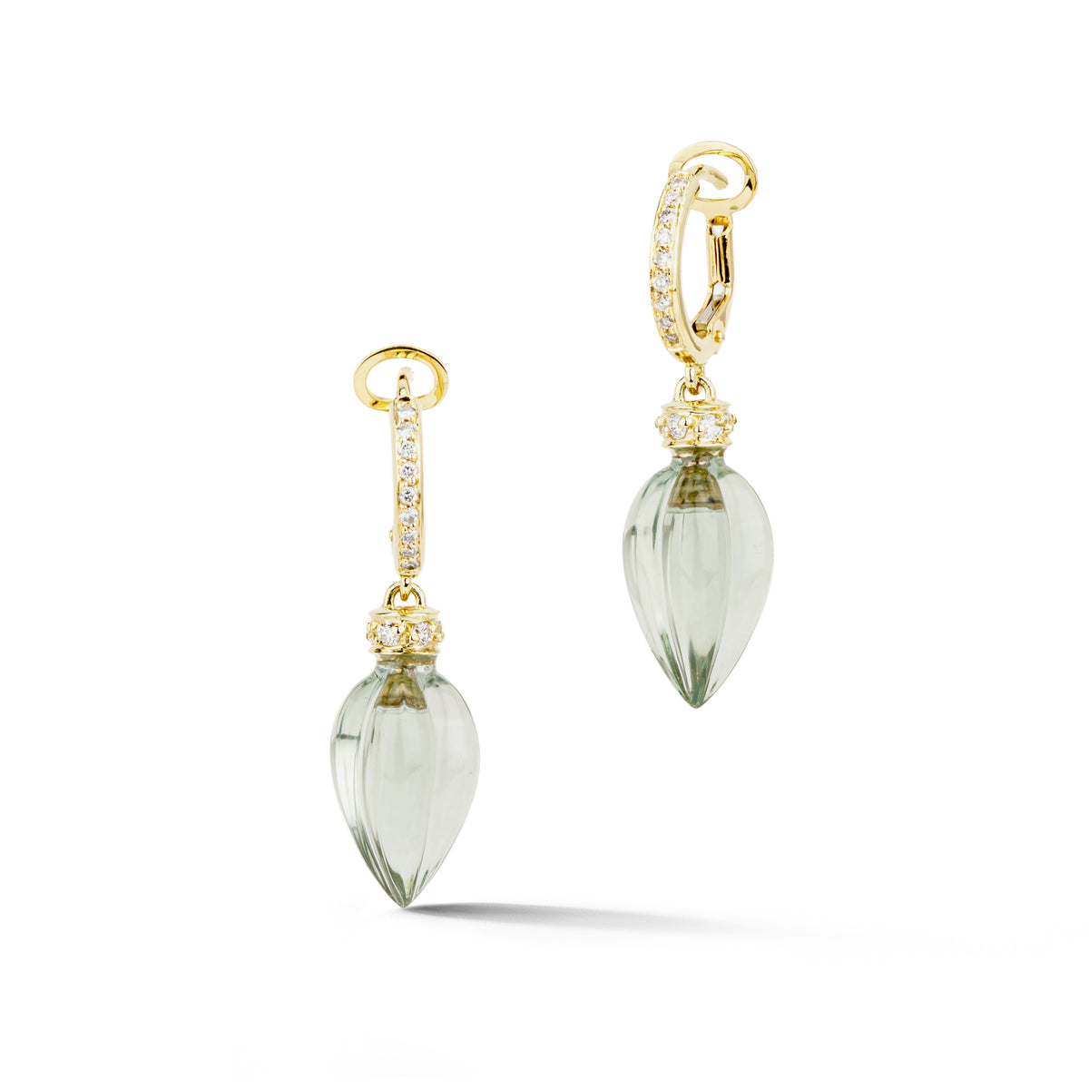 Carved teardrop prasiolite drop earrings in 18k yellow gold with round brilliant diamond accents and diamond huggie hoops.