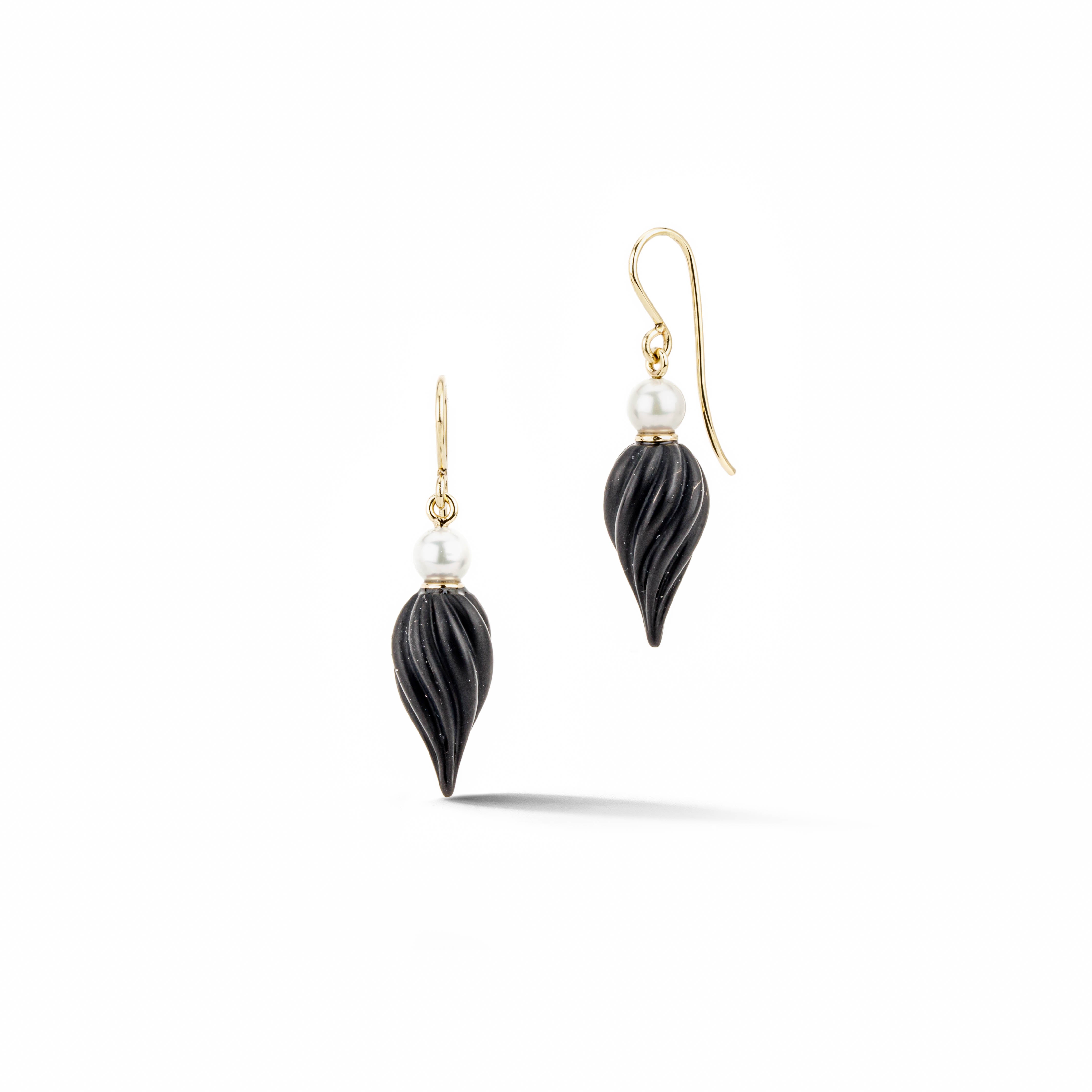 One-of-a-kind 14k yellow gold drop earrings featuring carved black onyx swirl drops with Akoya pearl and gold rondel accents