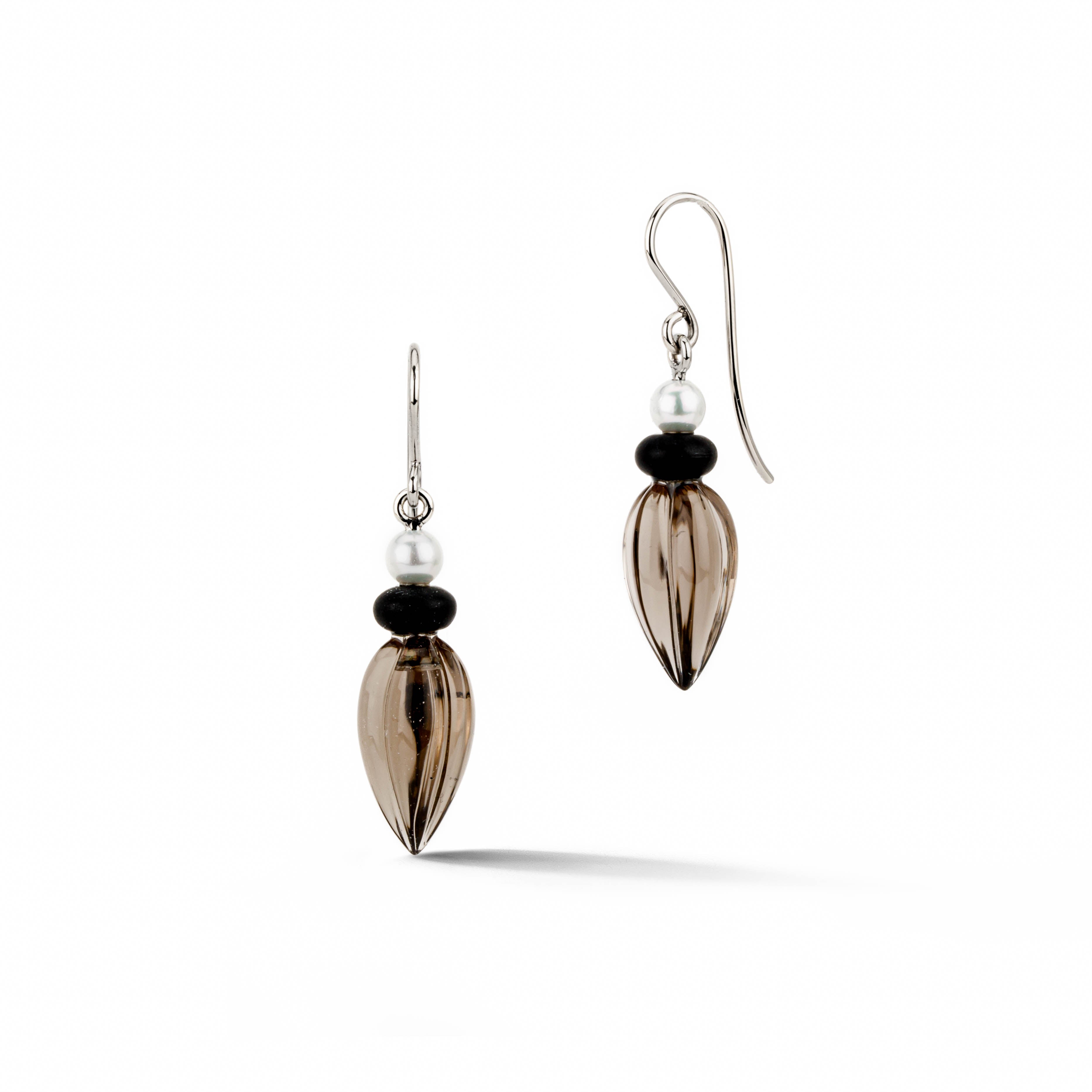 Smoky Quartz, Black Onyx & Akoya Pearl Drop Earrings