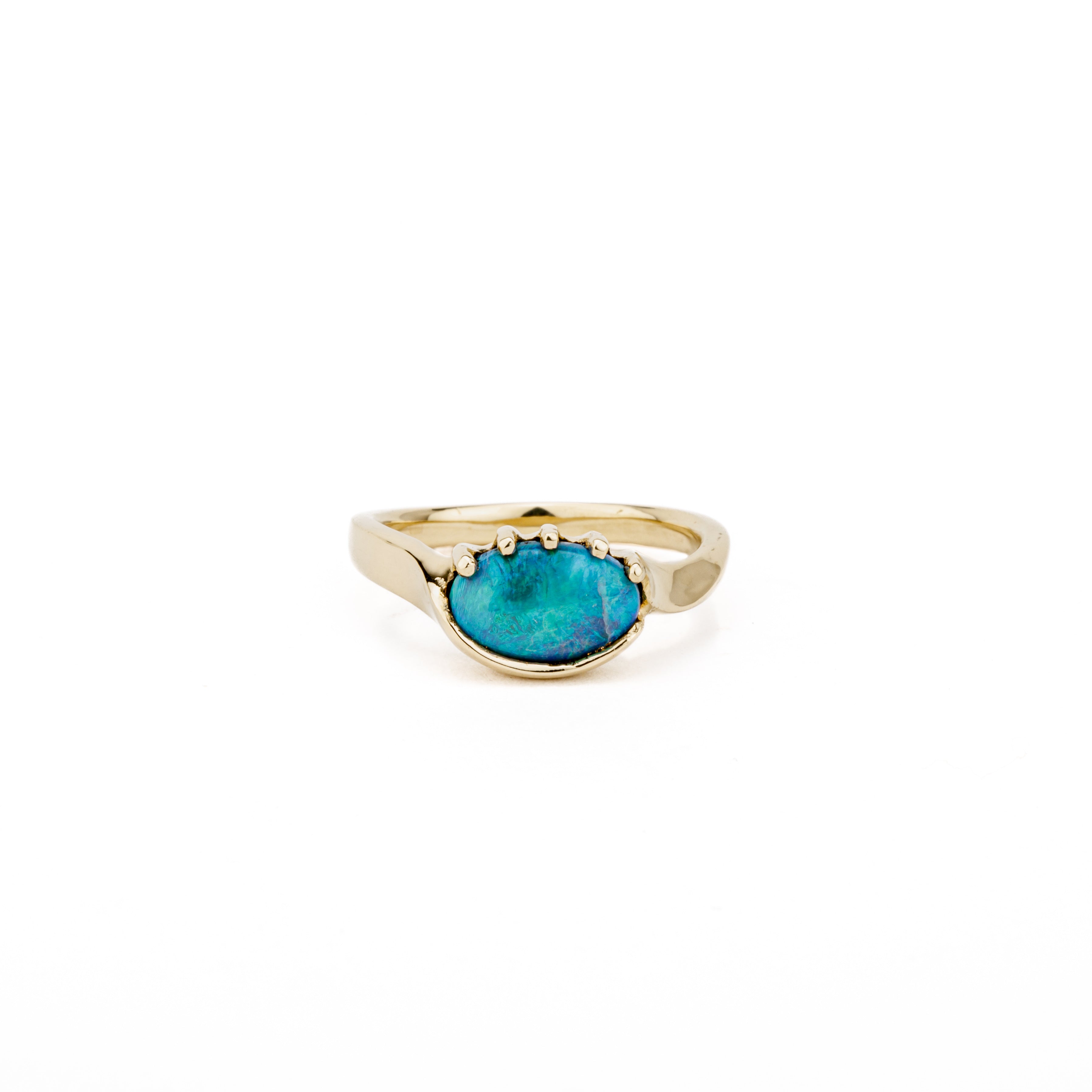  One-of-a-kind 14k yellow gold ring featuring a 1.08ct blue-green opal in a half-wrap prong setting | deJonghe original jewelry